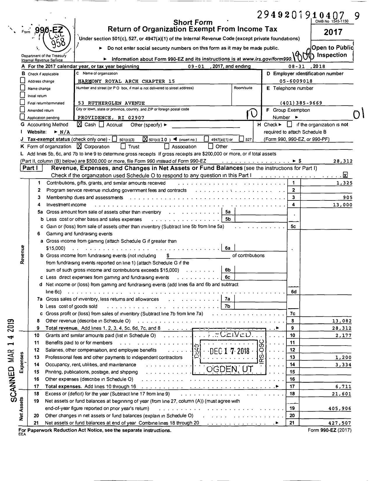 Image of first page of 2017 Form 990EO for Royal Arch Masons of Rhode Island and Providence Plantations - 15 Harmony Royal Arch Chapter