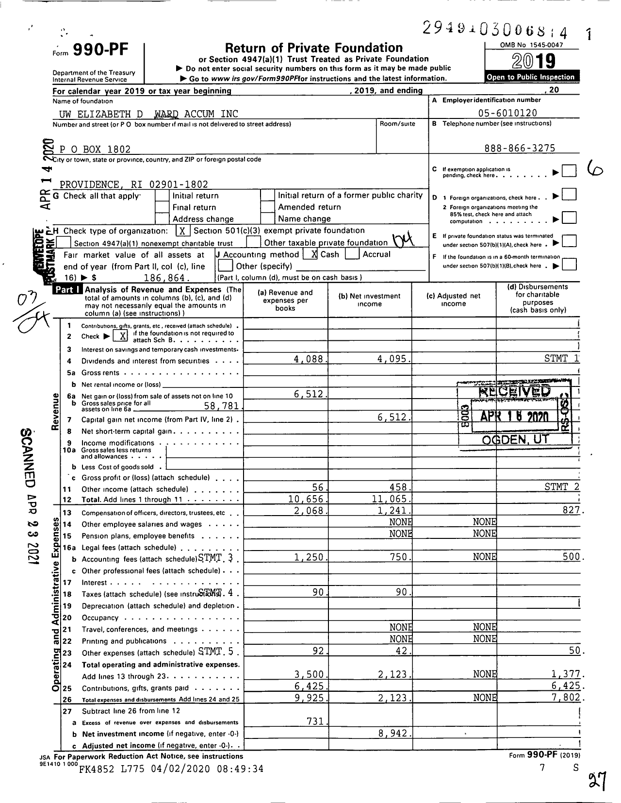 Image of first page of 2019 Form 990PF for Uw Elizabeth D Ward Accum