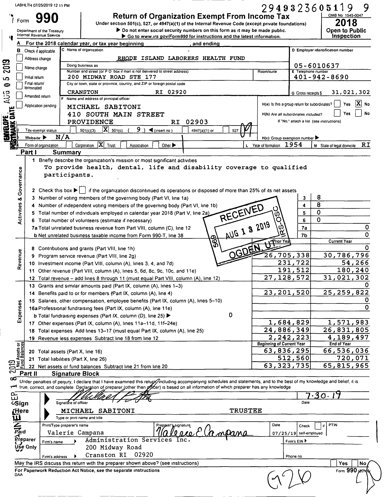 Image of first page of 2018 Form 990O for Rhode Island Laborers Health Fund