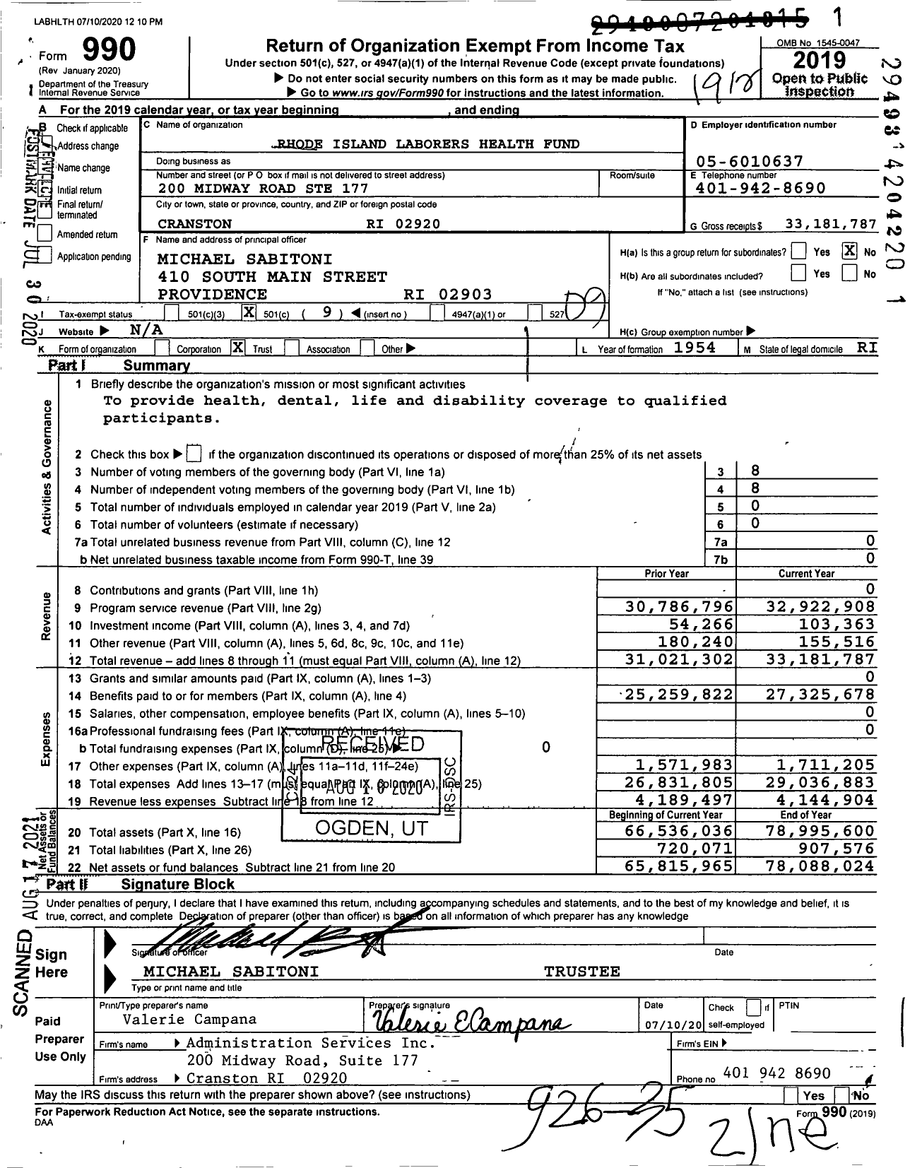 Image of first page of 2019 Form 990O for Rhode Island Laborers Health Fund