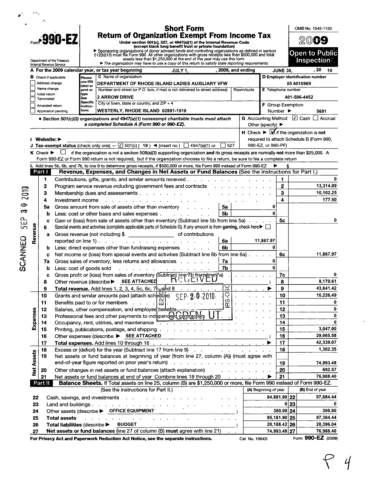 Image of first page of 2009 Form 990EO for Department of Rhode Island Auxiliar Y VFW