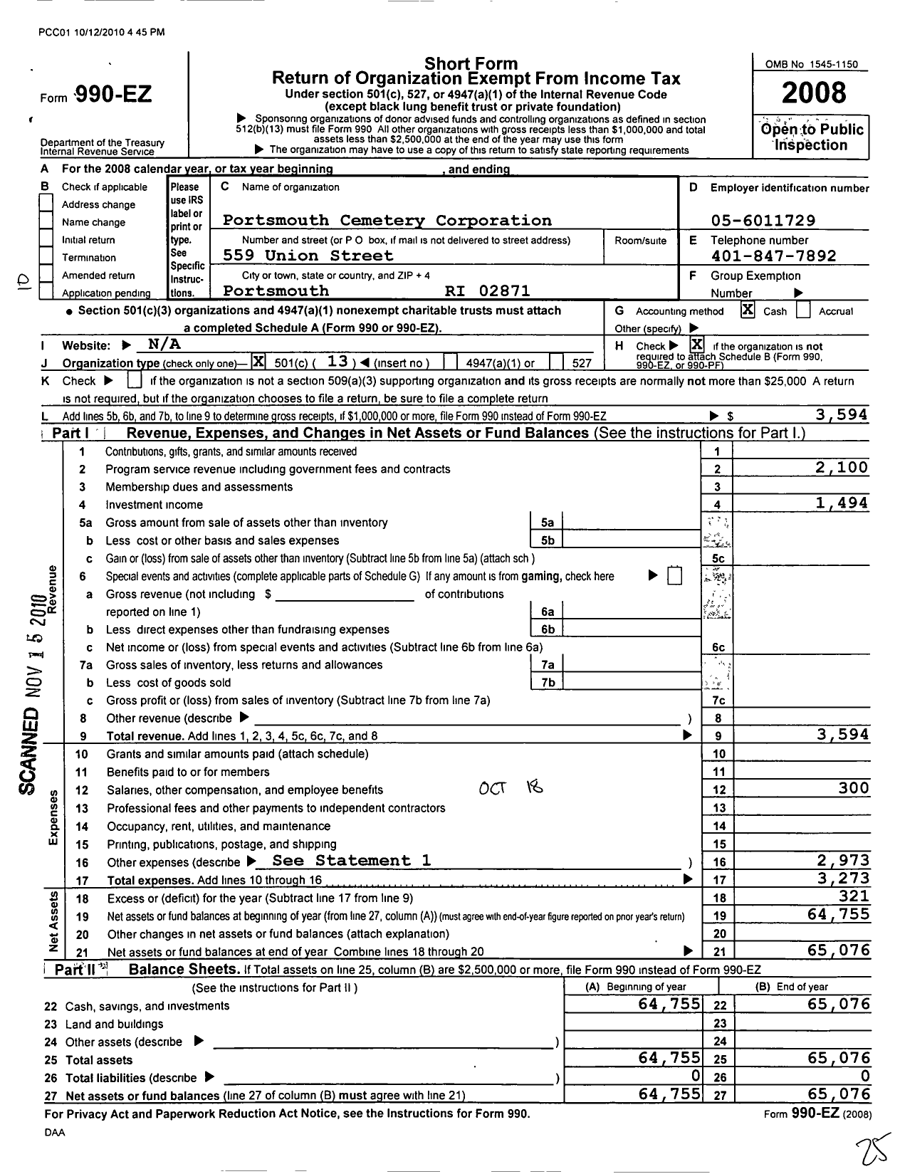 Image of first page of 2008 Form 990EO for Portsmouth Cemetery Corporation