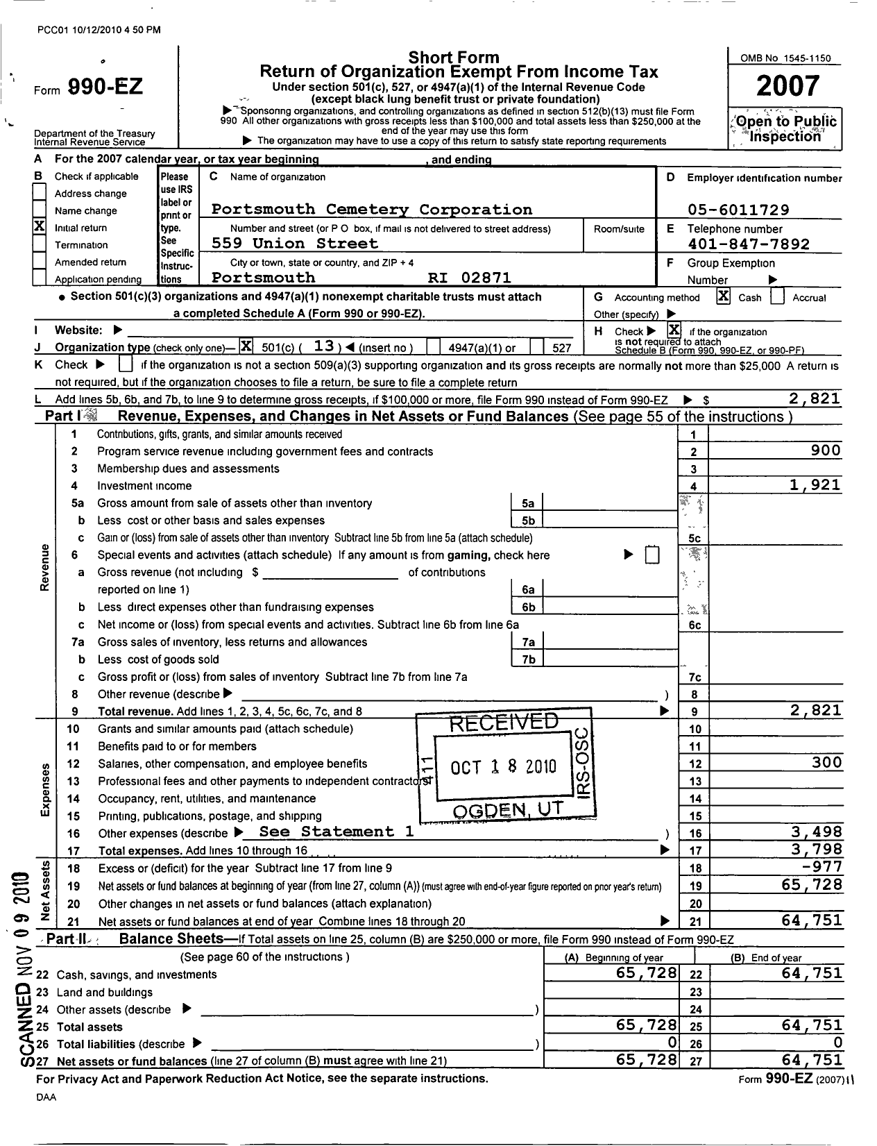Image of first page of 2007 Form 990EO for Portsmouth Cemetery Corporation