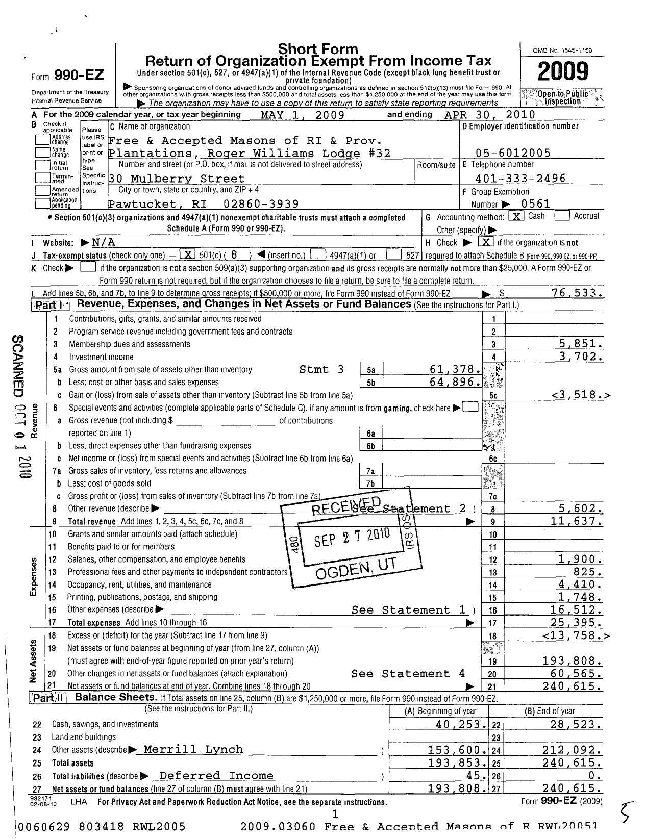 Image of first page of 2009 Form 990EO for Free and Accepted Masons of Rhode Island and Providence Plantations - 32 Roger Williams