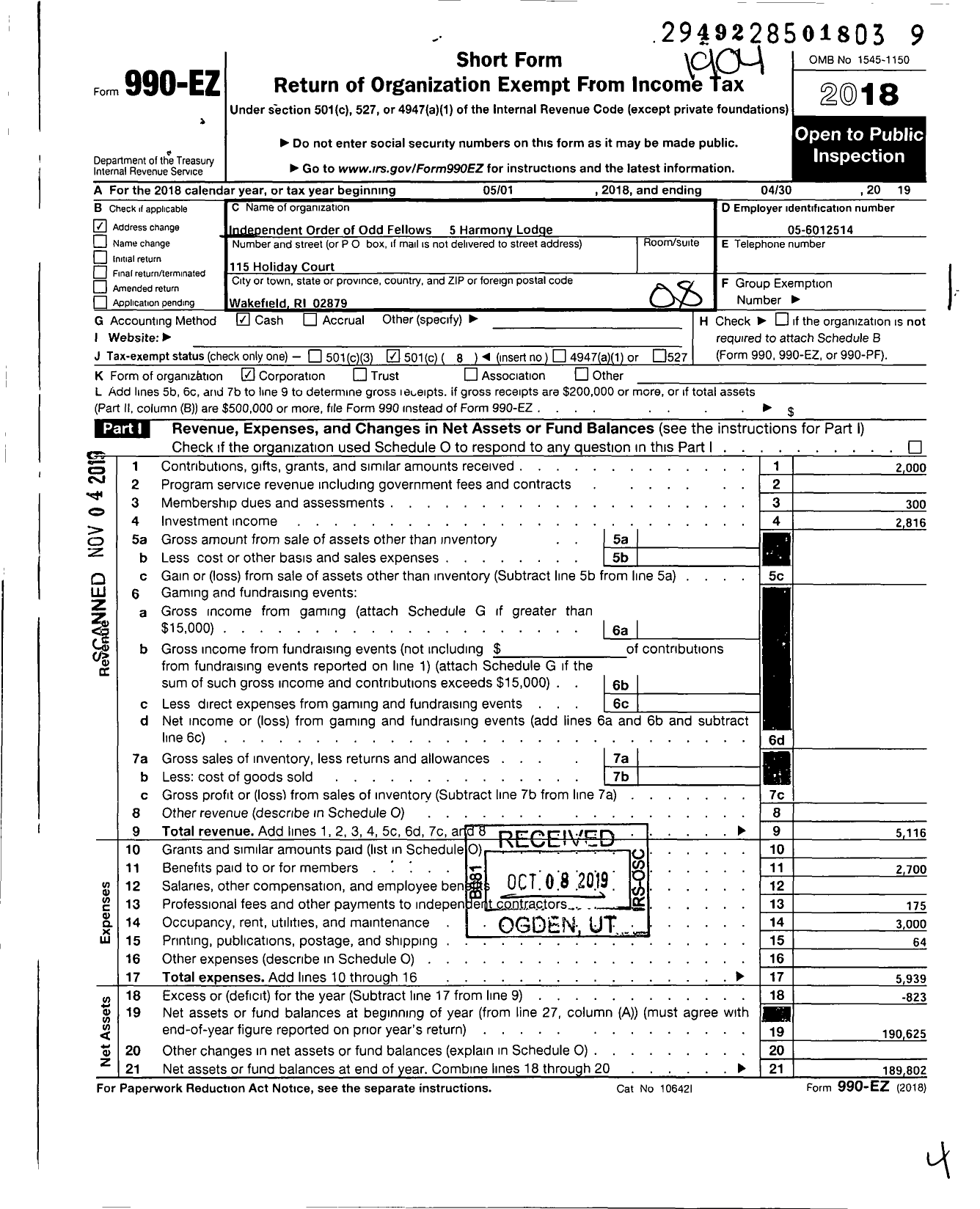 Image of first page of 2018 Form 990EO for Independent Order of Odd Fellows - 5 Harmony Lodge