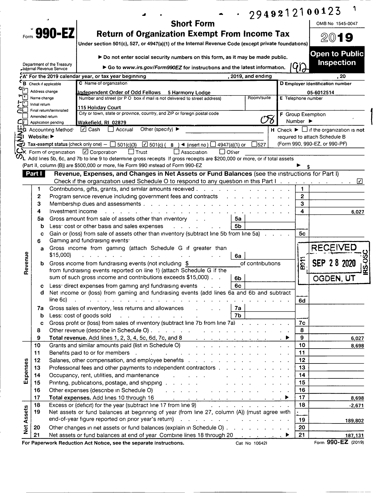 Image of first page of 2019 Form 990EO for Independent Order of Odd Fellows - 5 Harmony Lodge