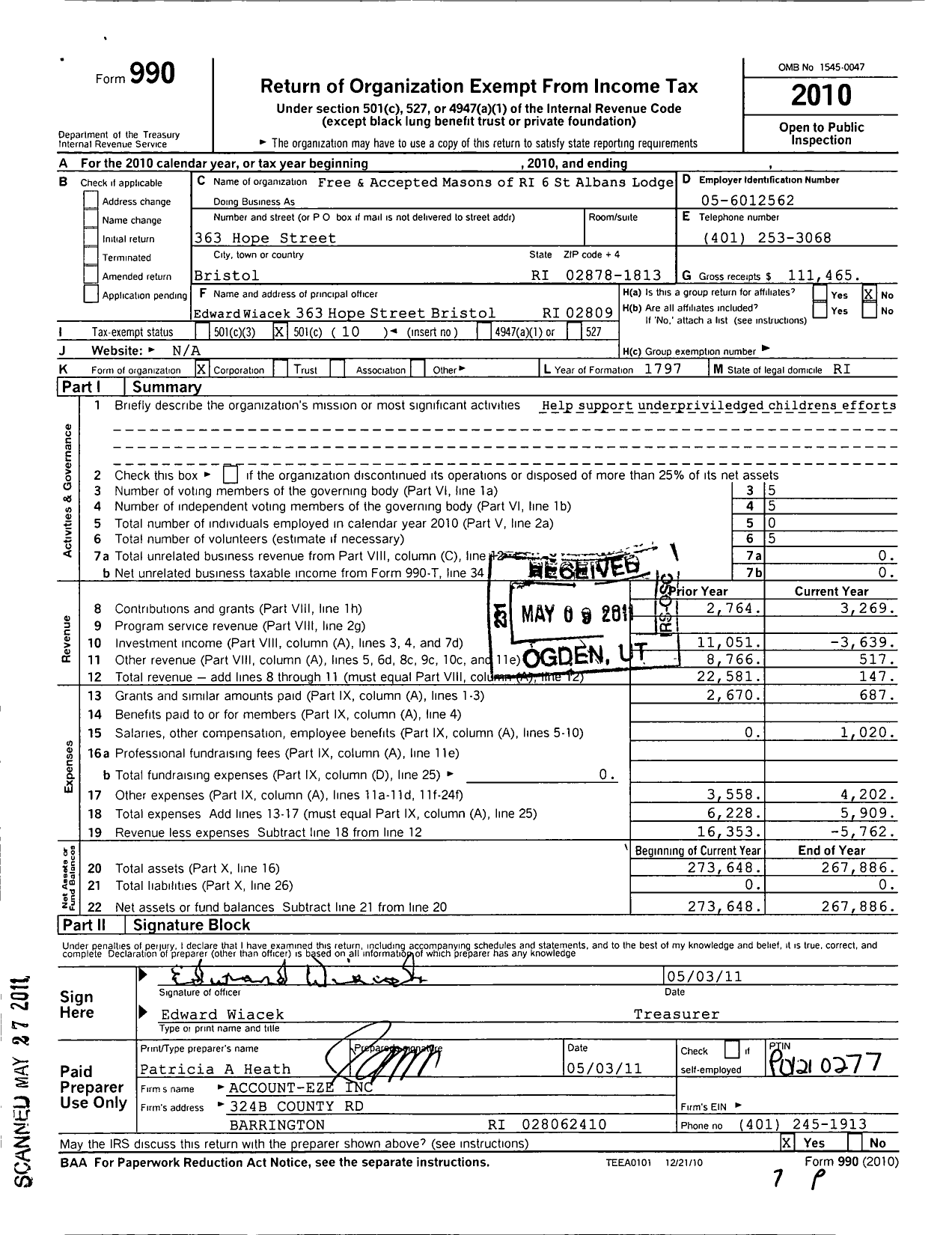 Image of first page of 2010 Form 990O for Free & Accepted Masons of RI 6 St Albans Lodge