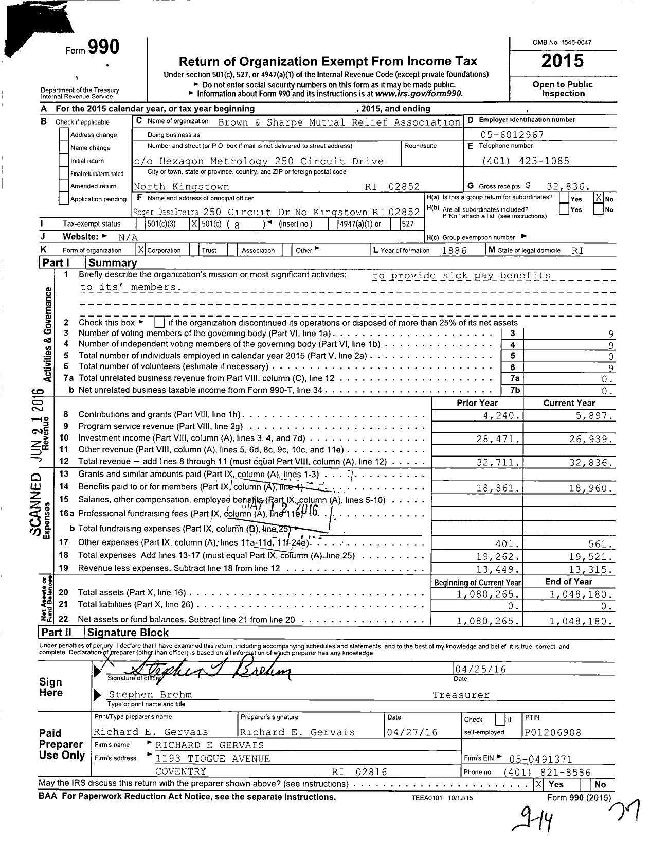 Image of first page of 2015 Form 990O for Brown and Sharpe Mutual Relief Association