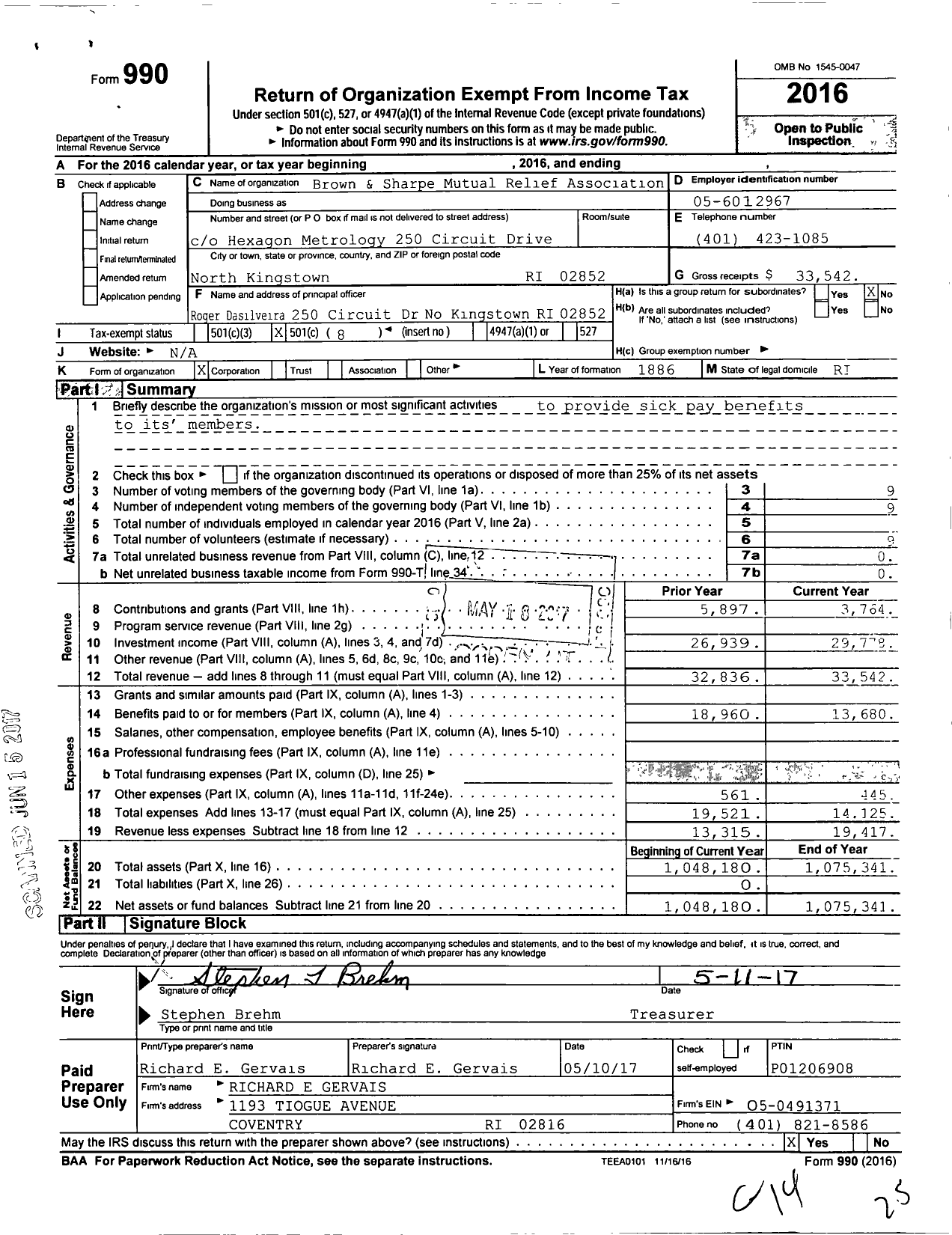 Image of first page of 2016 Form 990EO for Brown and Sharpe Mutual Relief Association