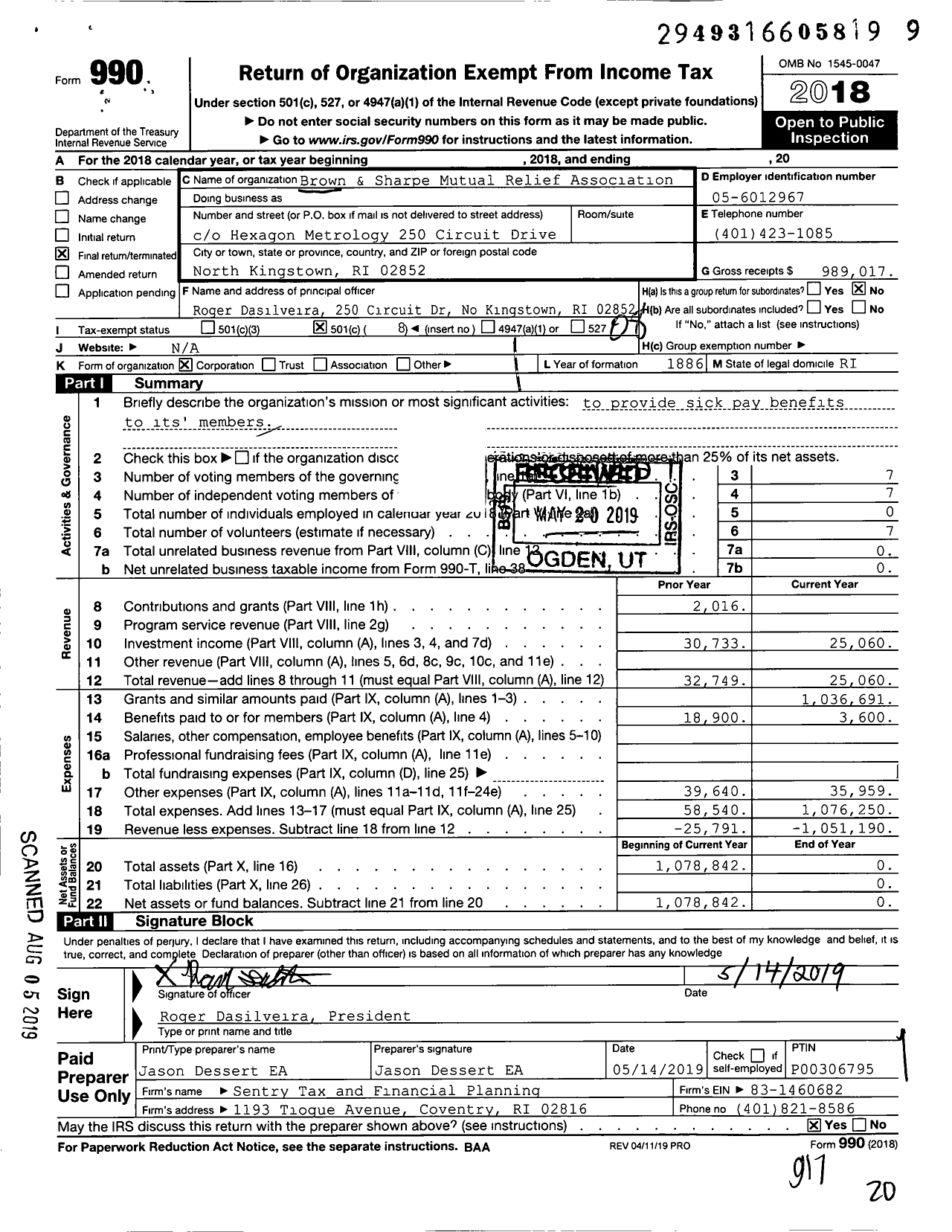 Image of first page of 2018 Form 990O for Brown and Sharpe Mutual Relief Association