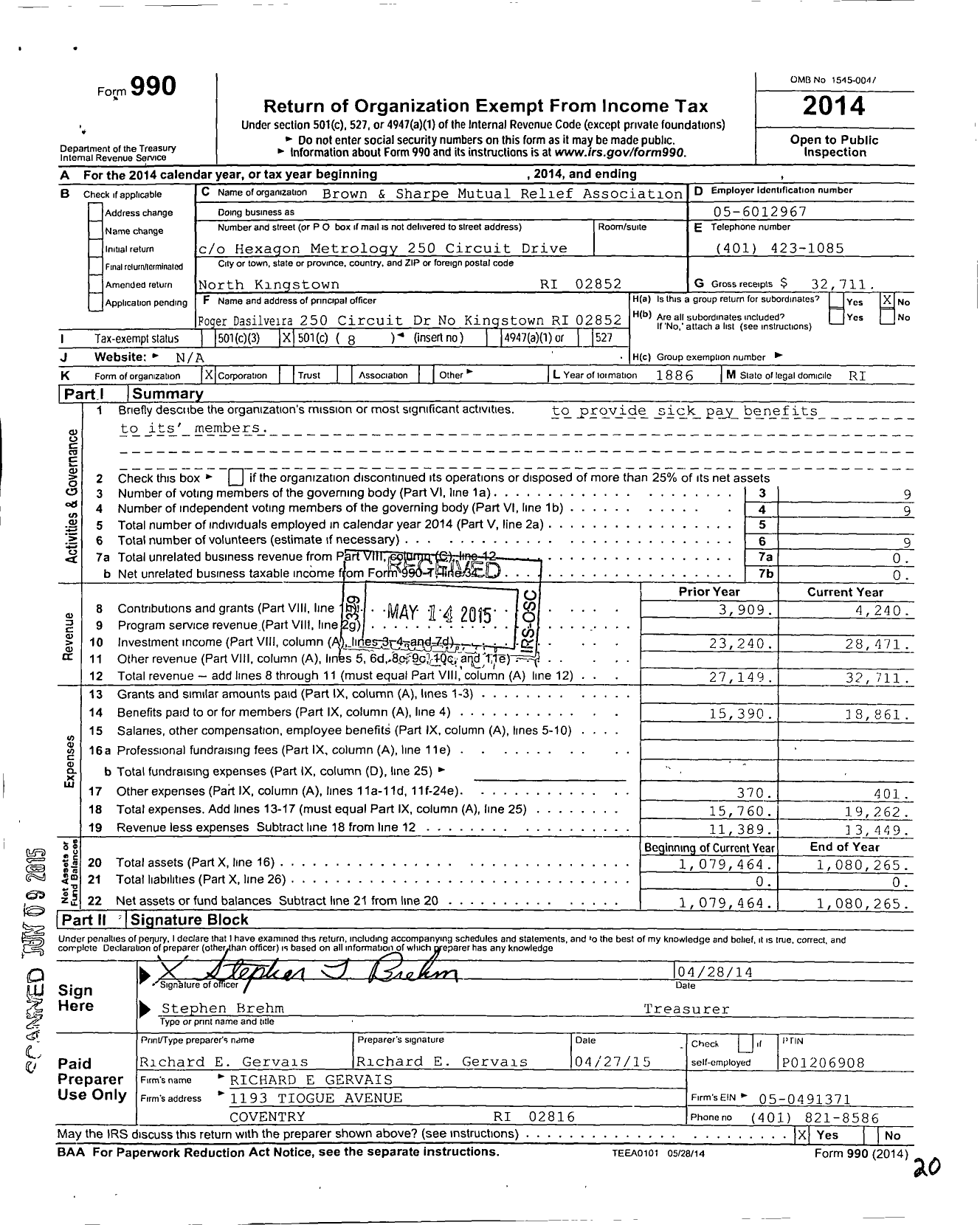 Image of first page of 2014 Form 990O for Brown and Sharpe Mutual Relief Association