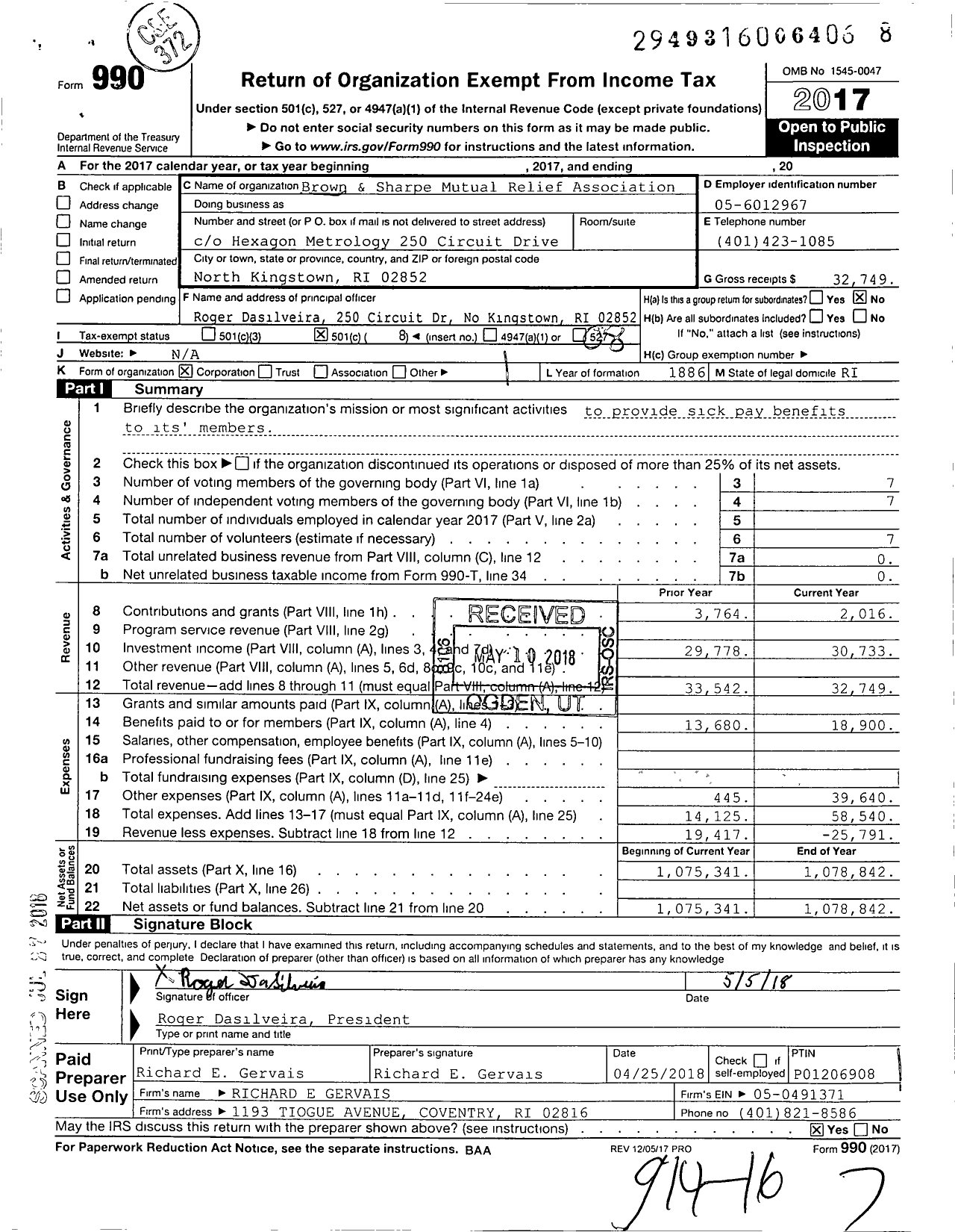 Image of first page of 2017 Form 990O for Brown and Sharpe Mutual Relief Association