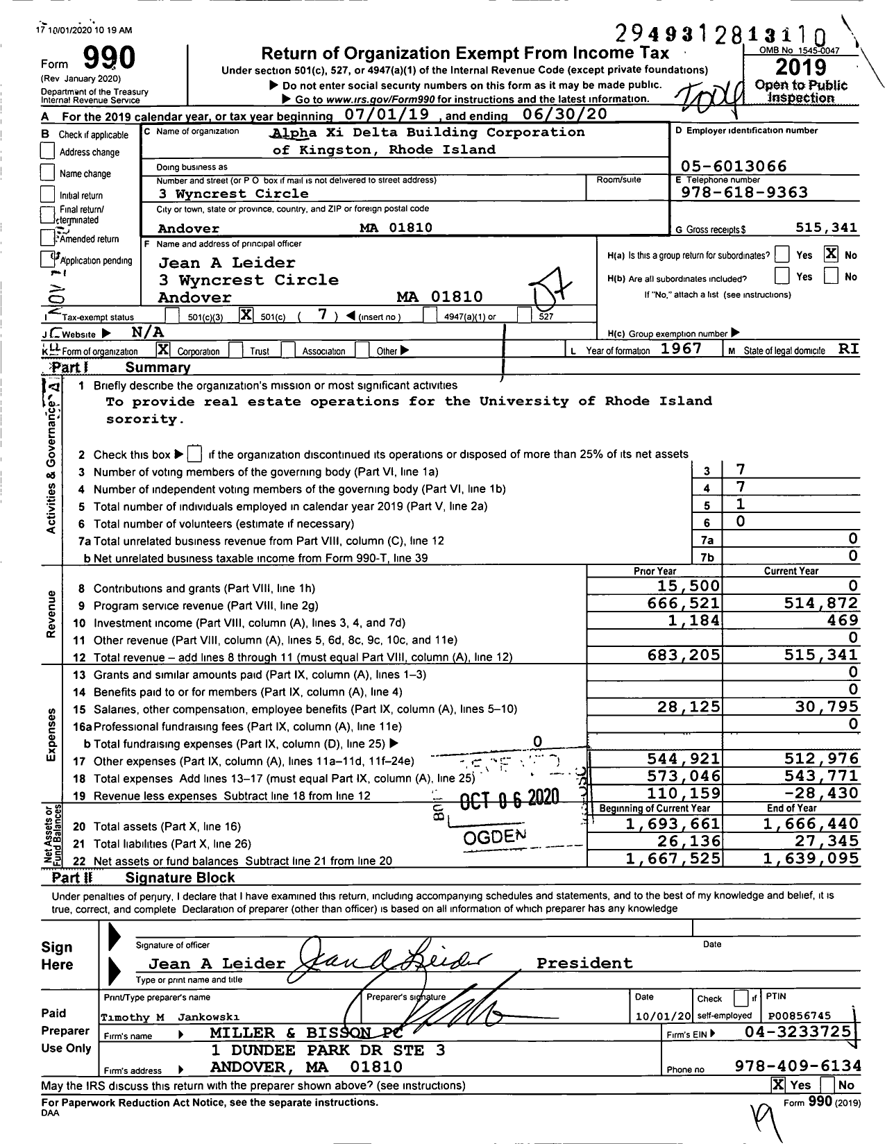 Image of first page of 2019 Form 990O for Alpha Xi Delta Building Corporation of Kingston Rhode Island