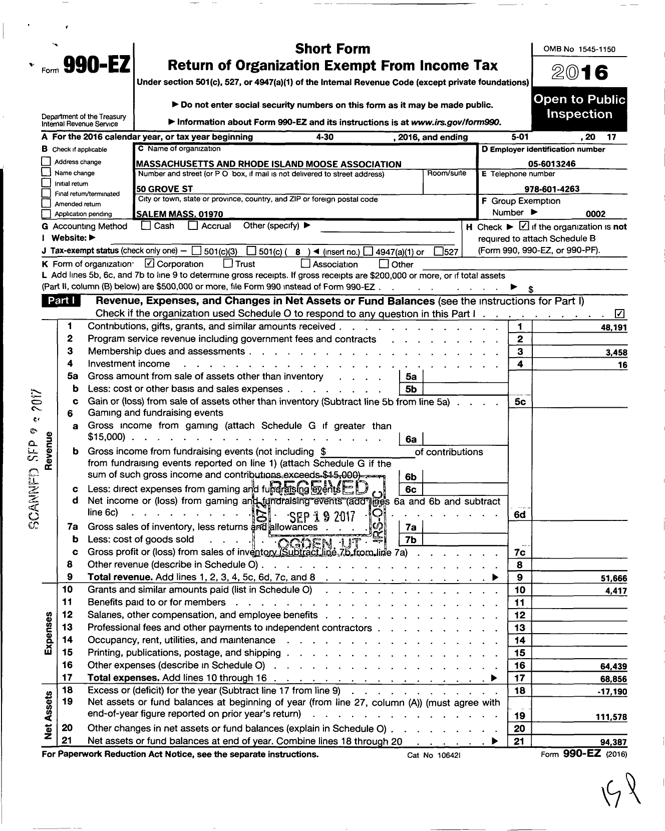 Image of first page of 2016 Form 990EO for Mass and R I Moose Association