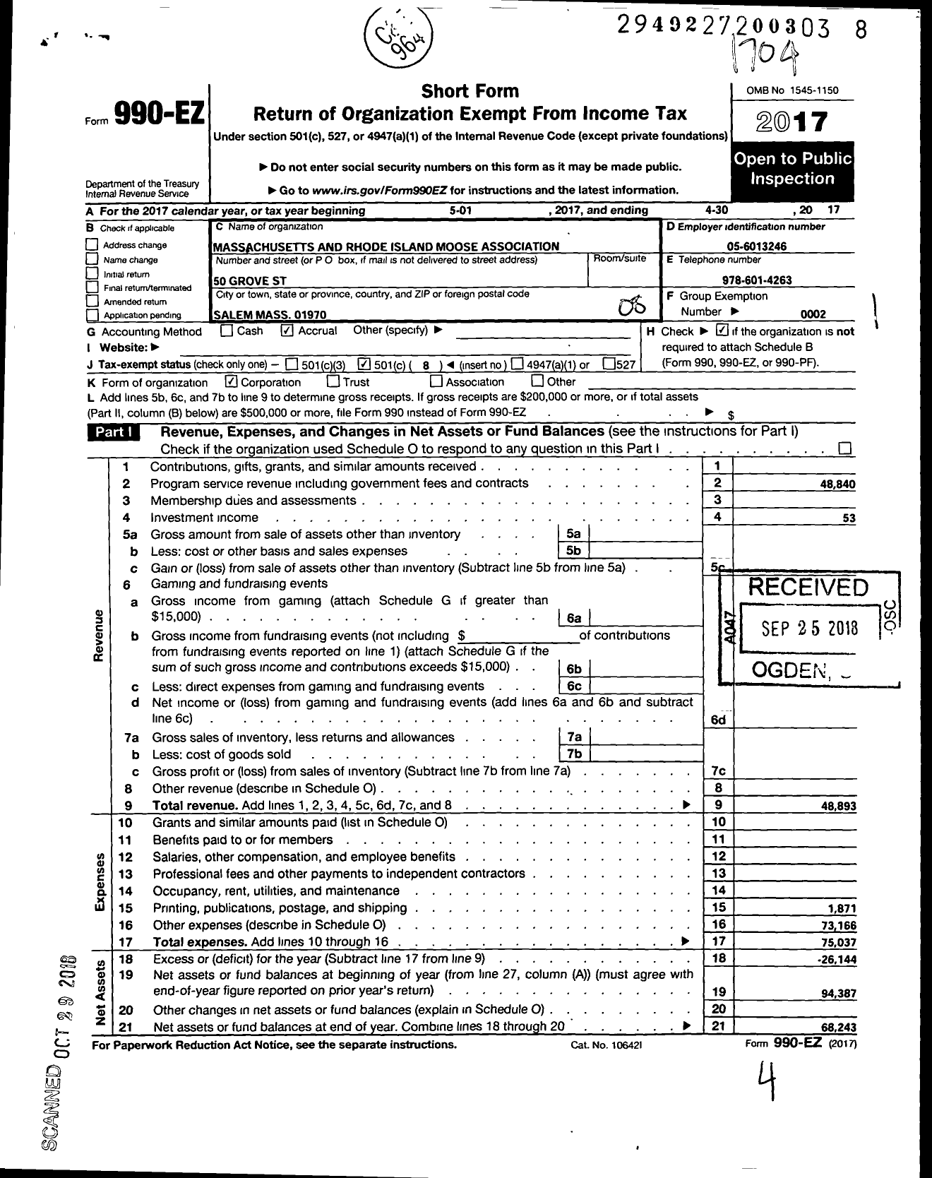 Image of first page of 2016 Form 990EO for Mass and R I Moose Association