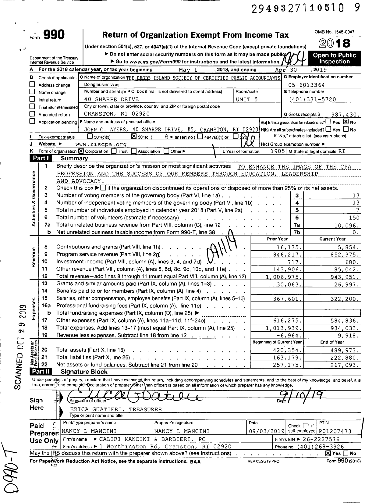 Image of first page of 2018 Form 990O for Rhode Island Society of Certified Public Accountants (RISCPA)