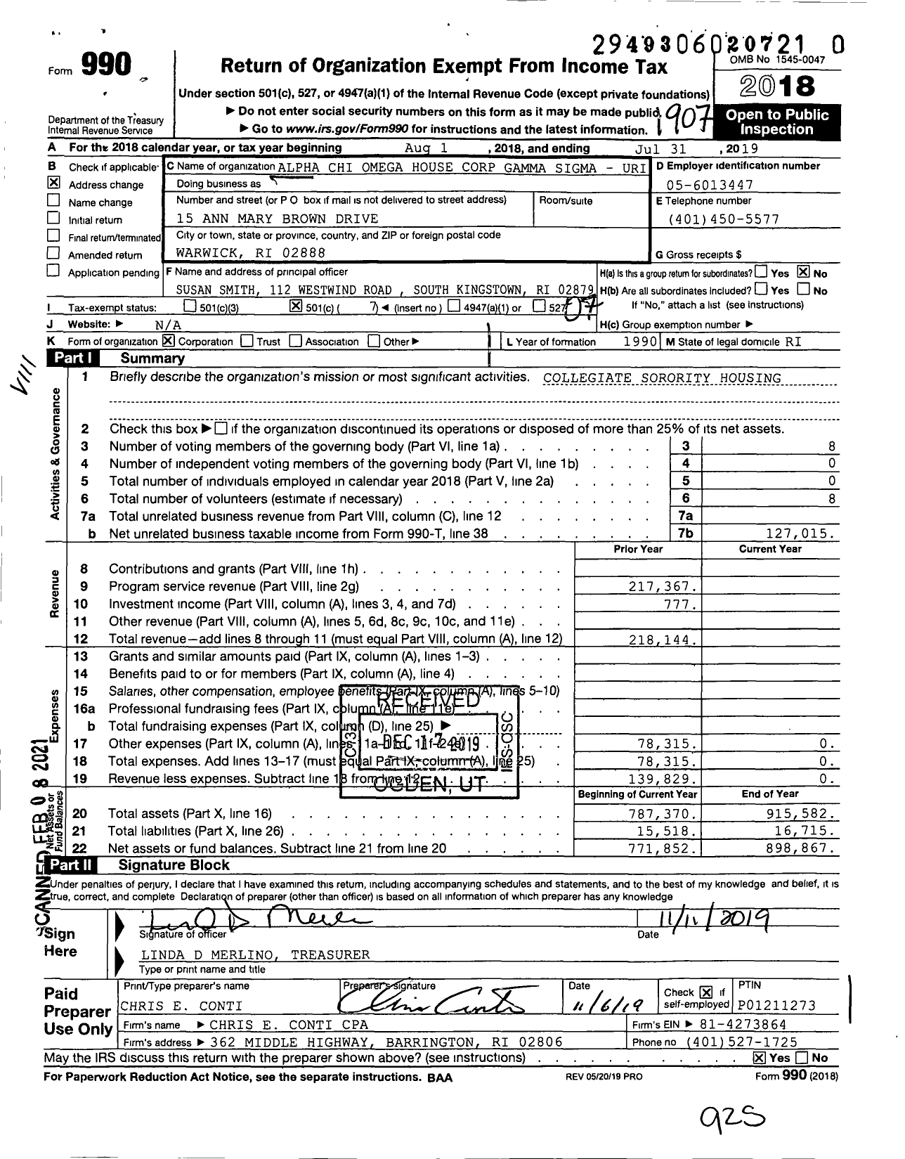 Image of first page of 2018 Form 990O for Alpha Chi Omega House Corp Gamma Sigma Uri