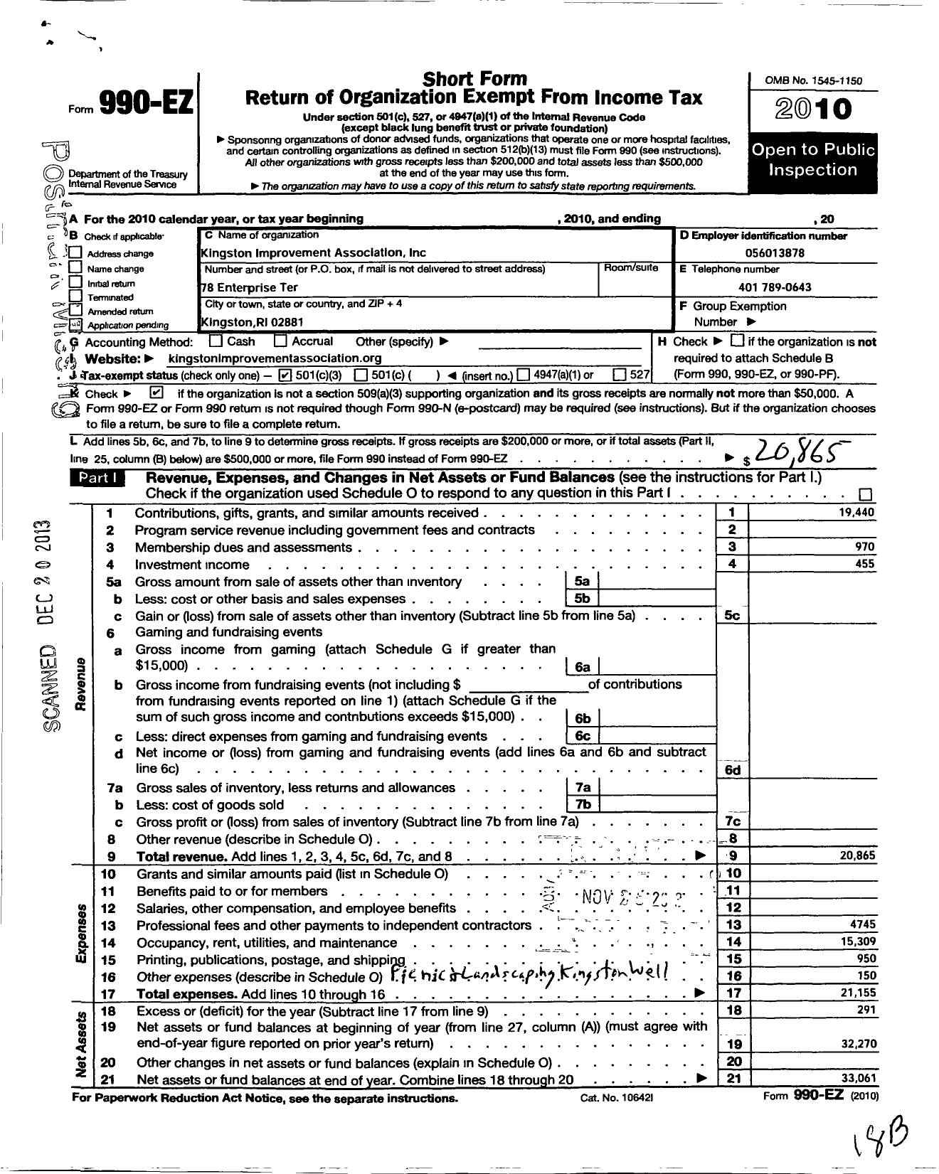 Image of first page of 2010 Form 990EZ for Kingston Improvement Association