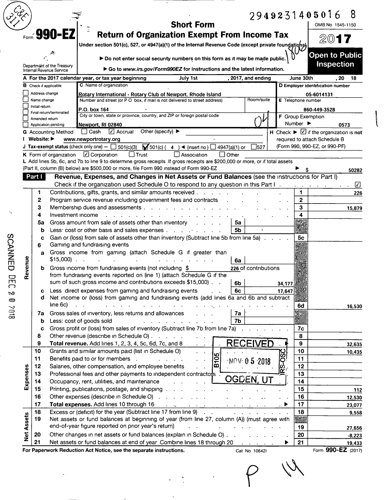 Image of first page of 2017 Form 990EO for Rotary International - Newport Rhode Island Rotary Club