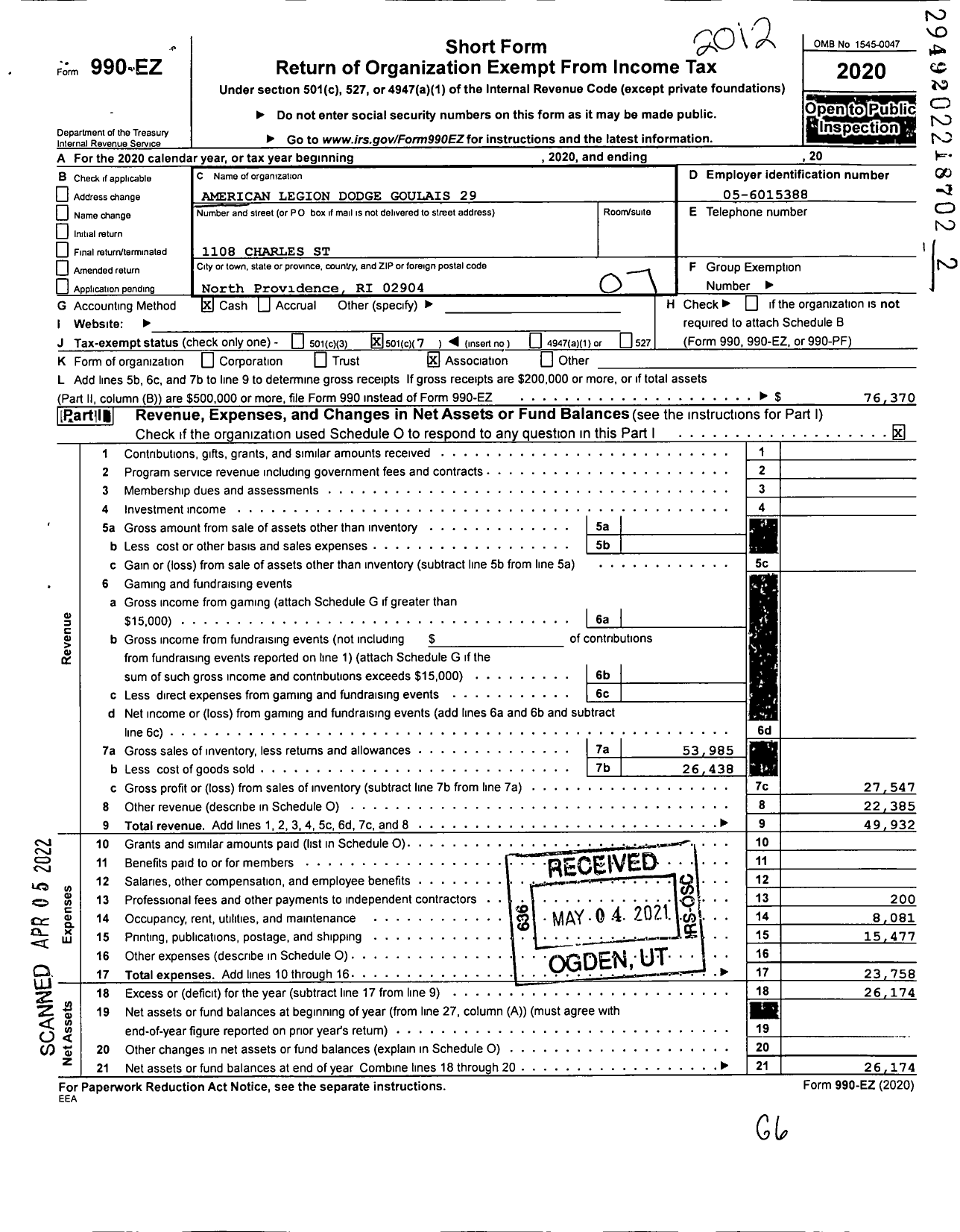 Image of first page of 2020 Form 990EO for American Legion - 29 Dodge Goulais