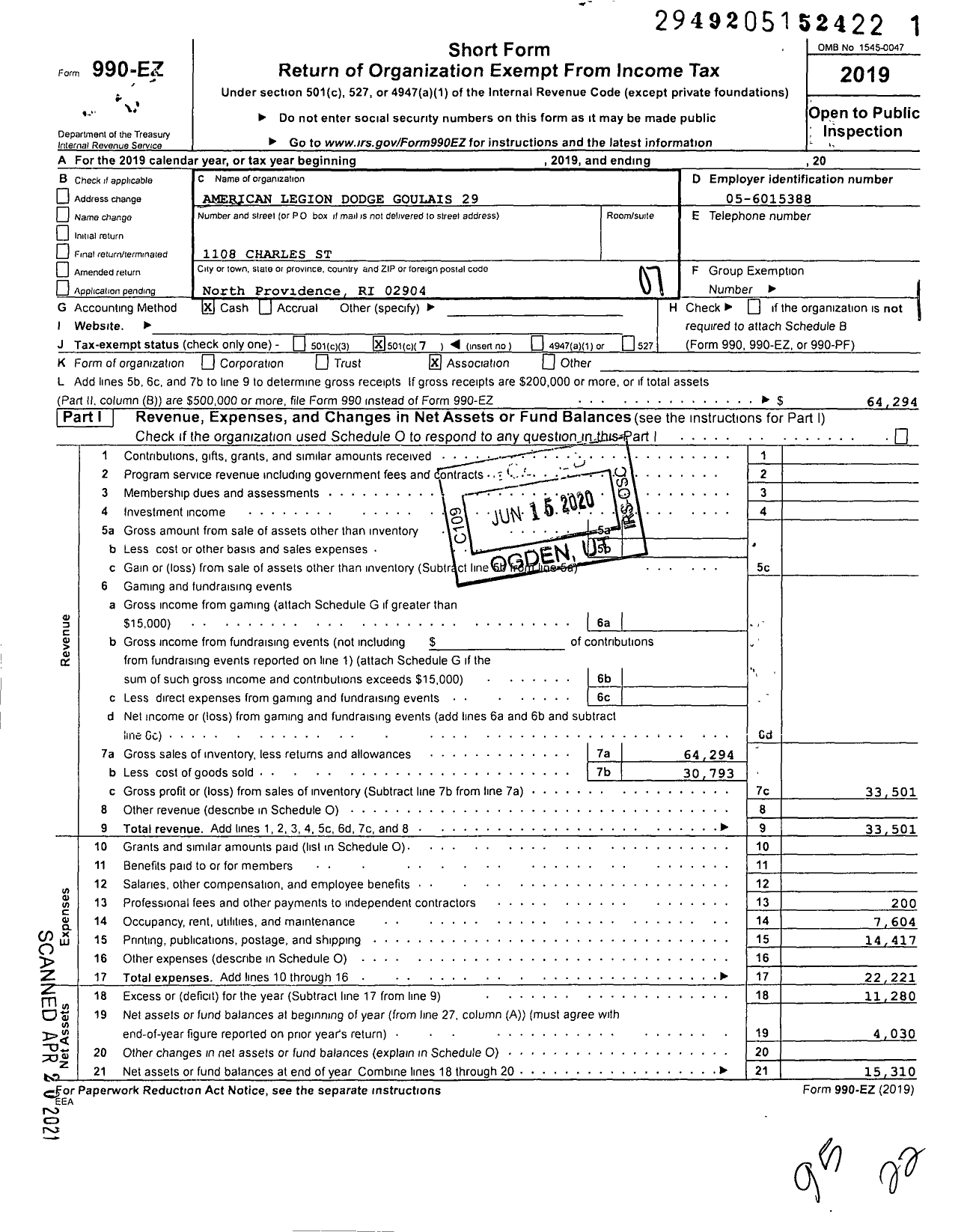 Image of first page of 2019 Form 990EO for American Legion - 29 Dodge Goulais