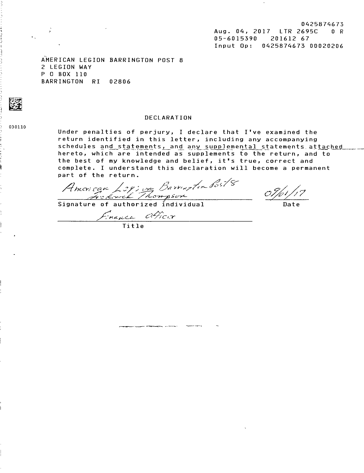 Image of first page of 2016 Form 990ER for American Legion - 8 Barrington Ri Post