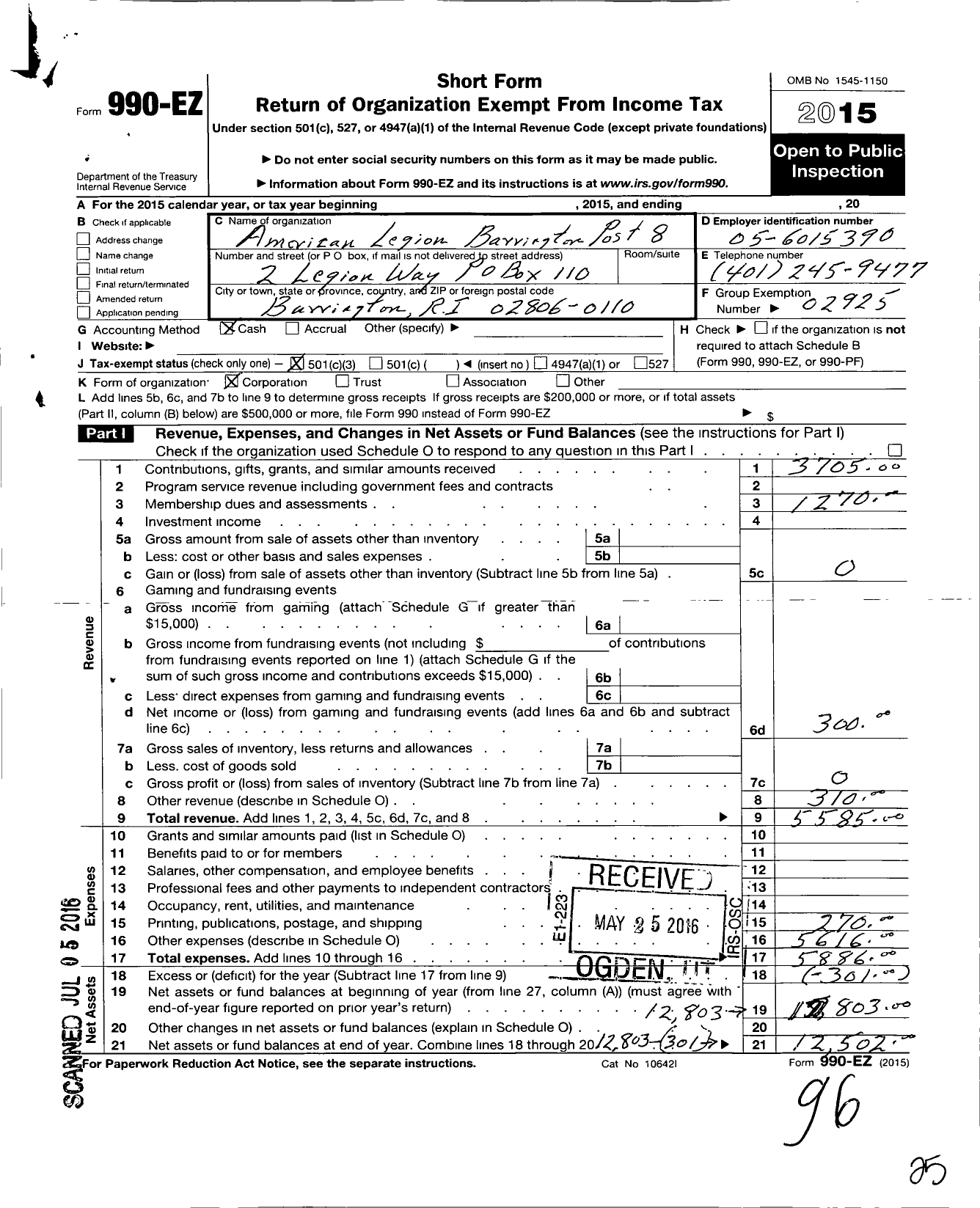 Image of first page of 2015 Form 990EZ for American Legion - 8 Barrington Ri Post