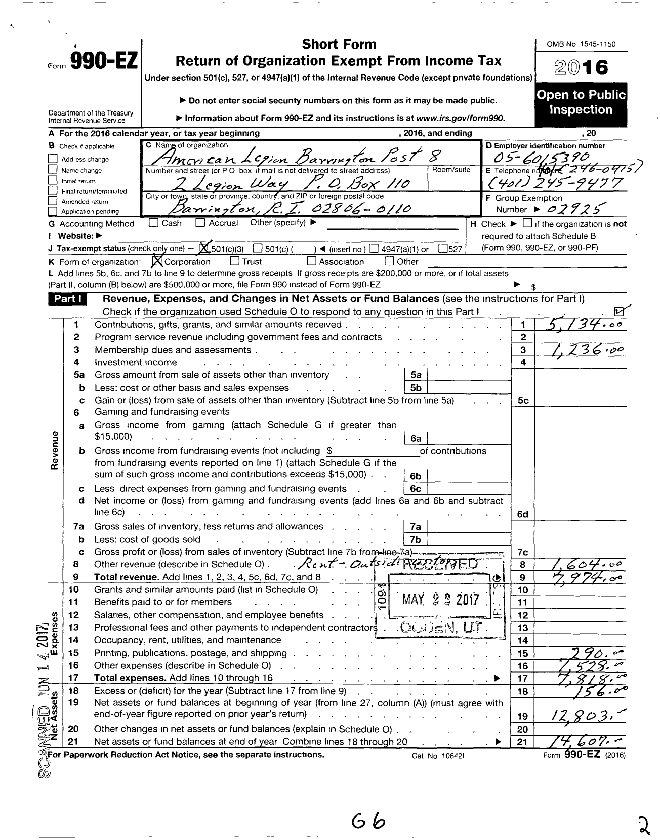 Image of first page of 2016 Form 990EZ for American Legion - 8 Barrington Ri Post