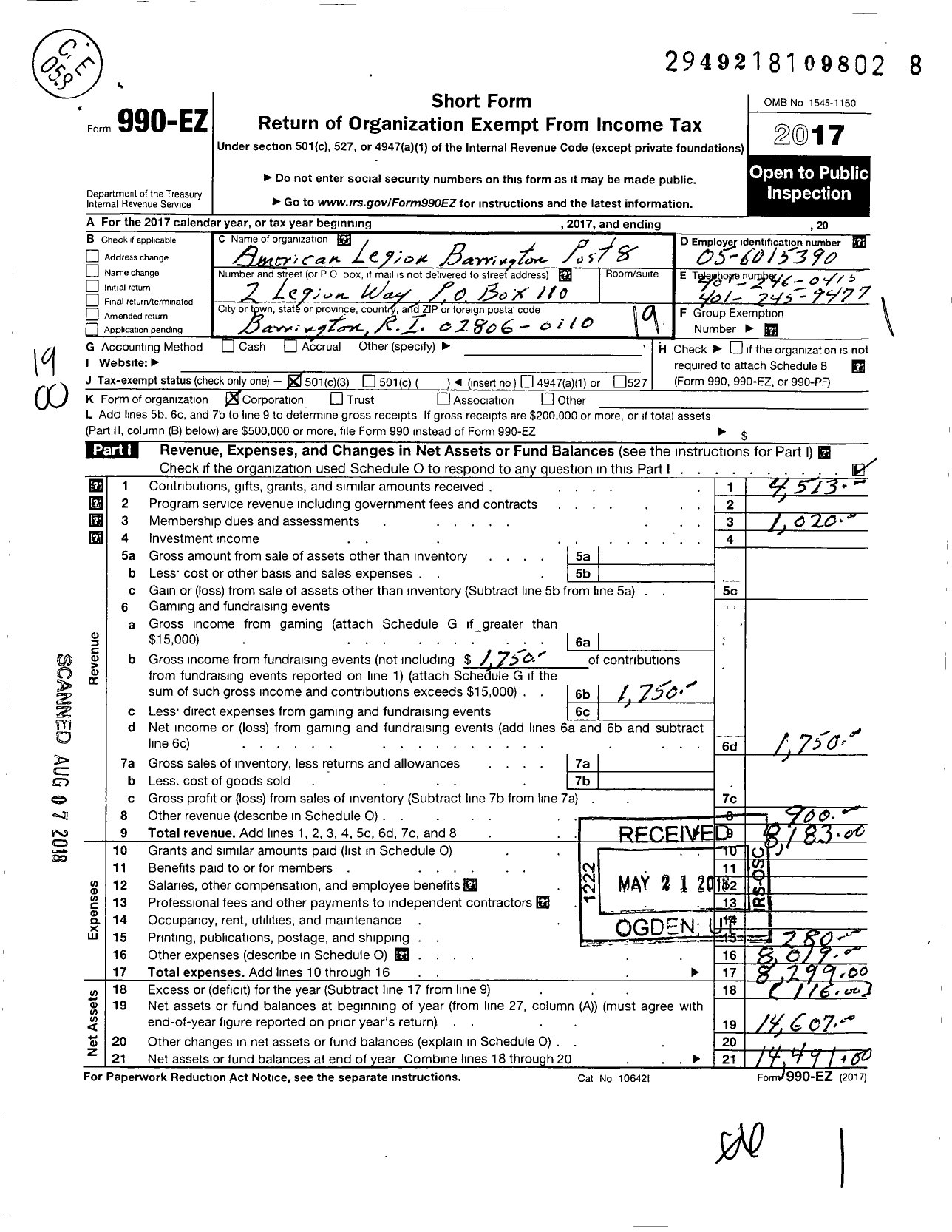 Image of first page of 2017 Form 990EO for American Legion - 8 Barrington Ri Post