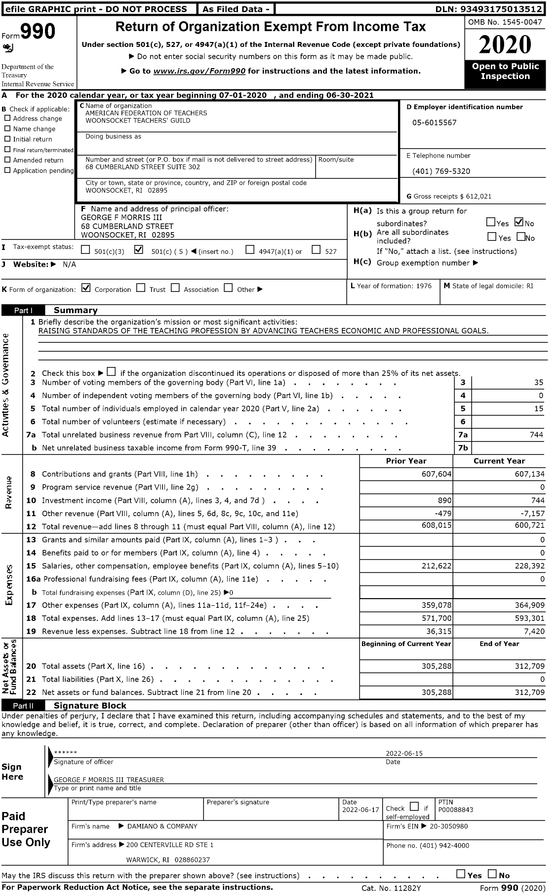 Image of first page of 2020 Form 990O for American Federation of Teachers - 0951 Woonsocket