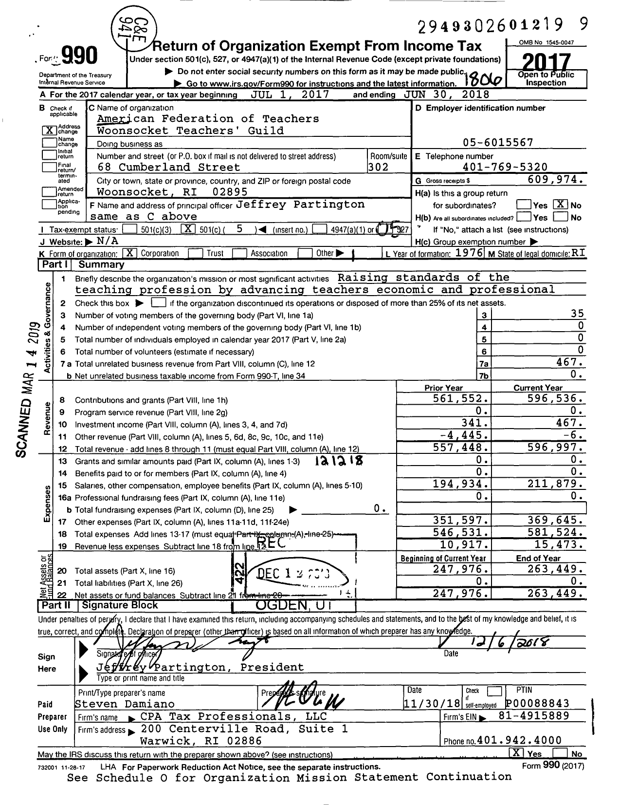 Image of first page of 2017 Form 990O for American Federation of Teachers - 0951 Woonsocket