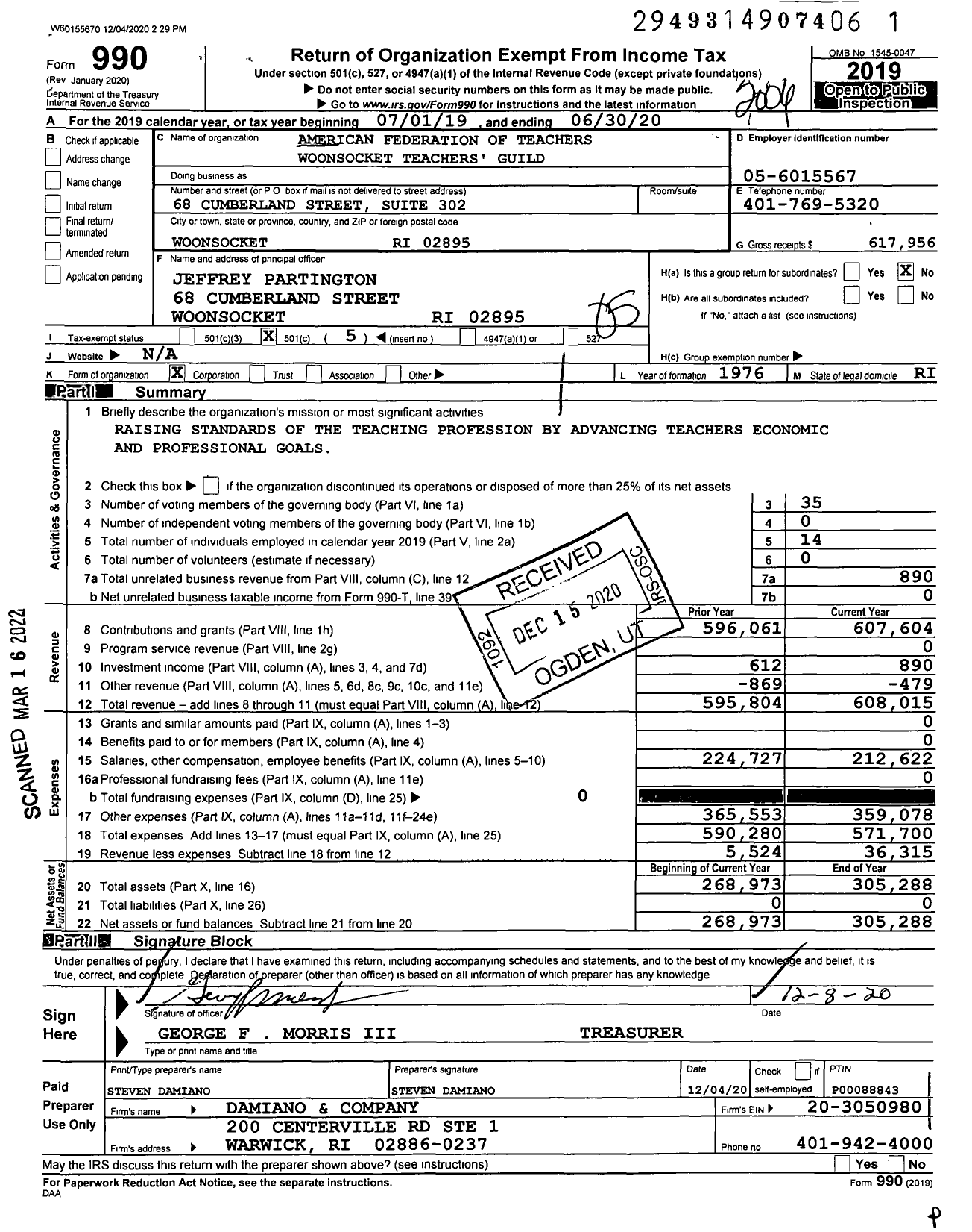 Image of first page of 2019 Form 990O for American Federation of Teachers - 0951 Woonsocket