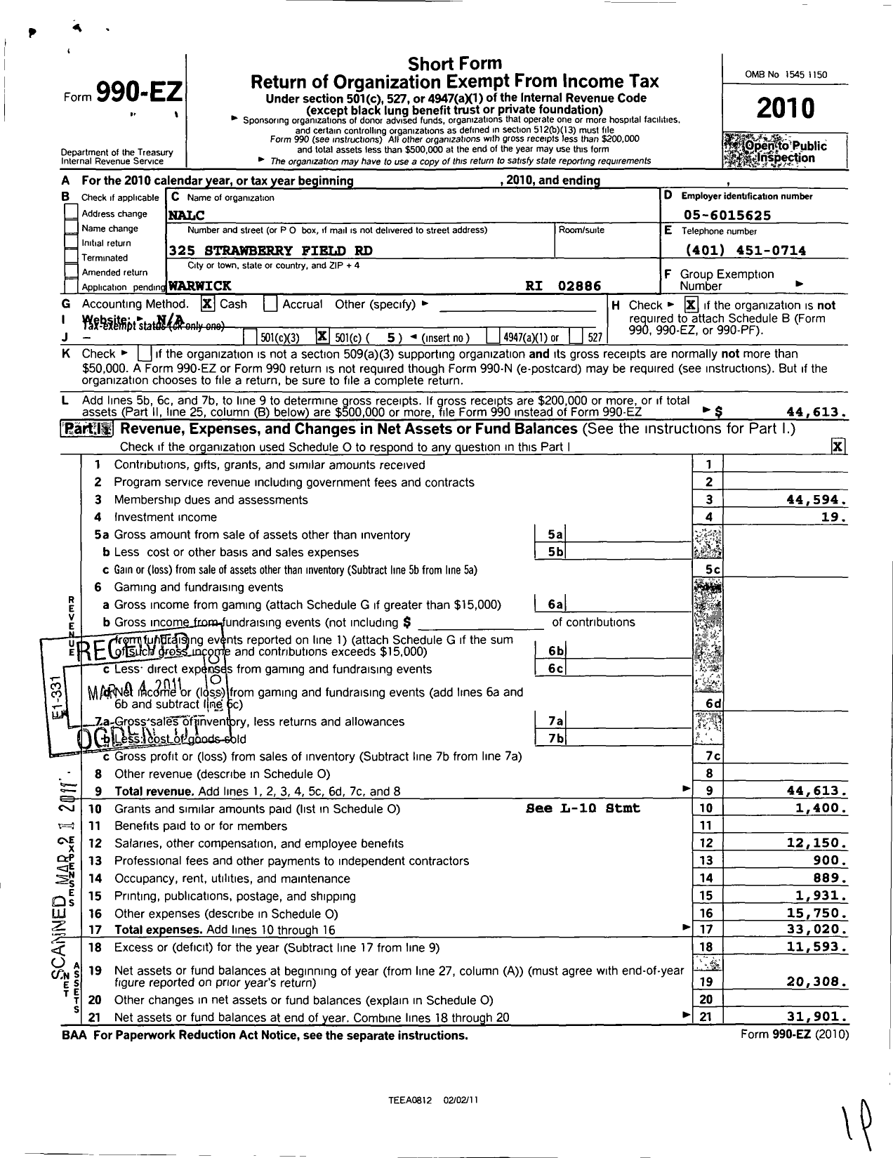 Image of first page of 2010 Form 990EO for National Association of Letter Carriers - Branch 3166