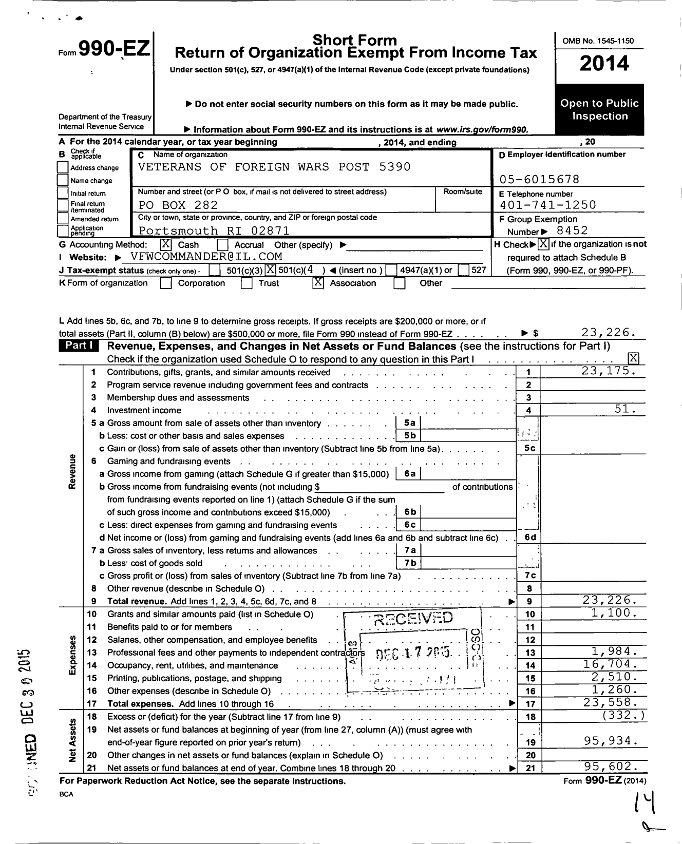 Image of first page of 2014 Form 990EO for Veterans of Foreign Wars Dept of Rhode Island - 5390 Vfw-Ri Alvaro E Vieira