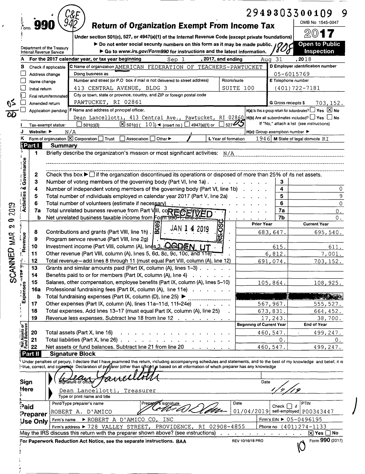 Image of first page of 2017 Form 990O for American Federation of Teachers - 0930 Pawtucket Teachers Alliance