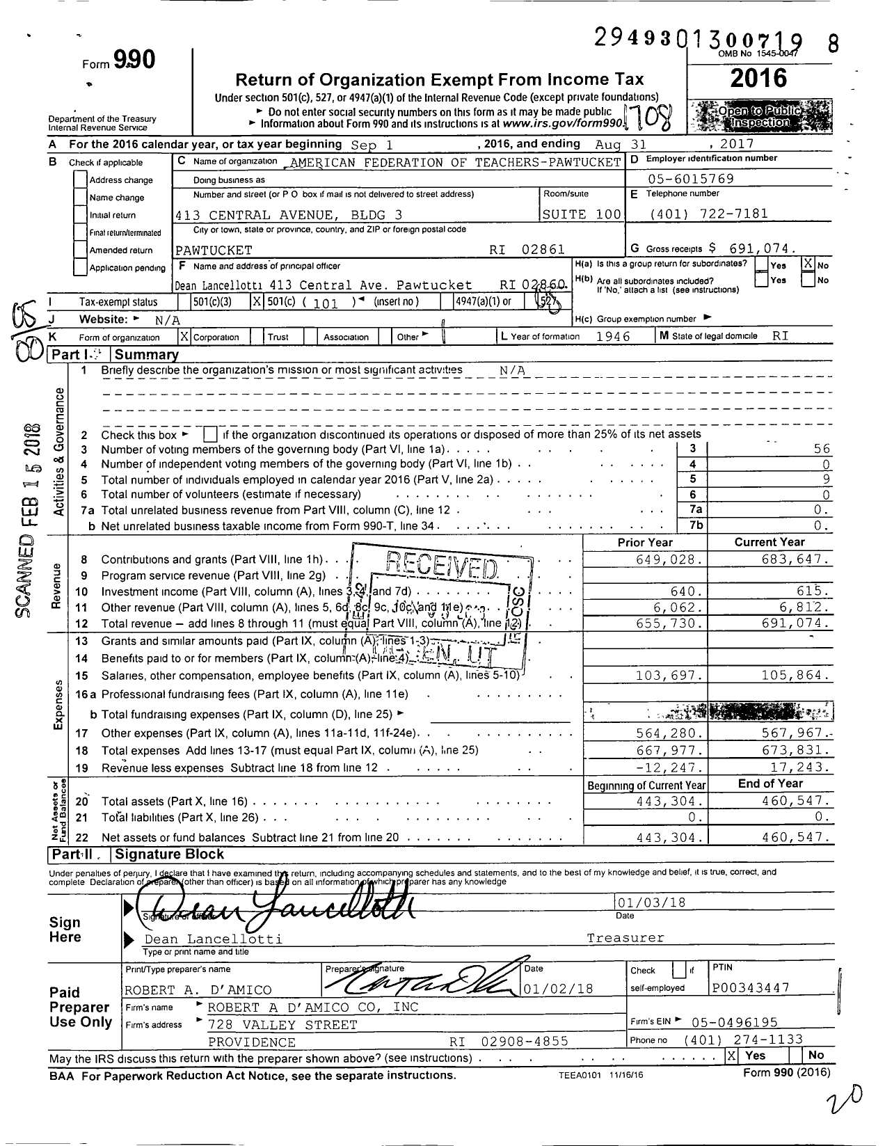 Image of first page of 2016 Form 990O for American Federation of Teachers - 0930 Pawtucket Teachers Alliance