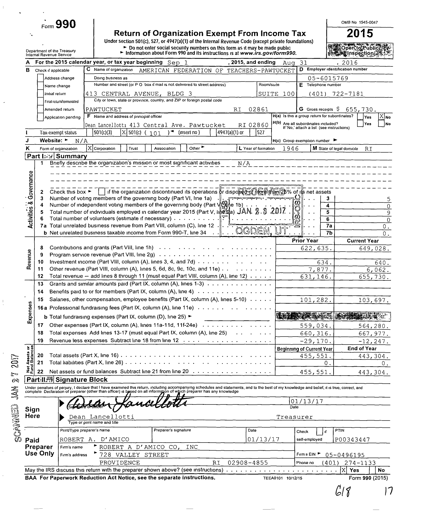 Image of first page of 2015 Form 990O for American Federation of Teachers - 0930 Pawtucket Teachers Alliance
