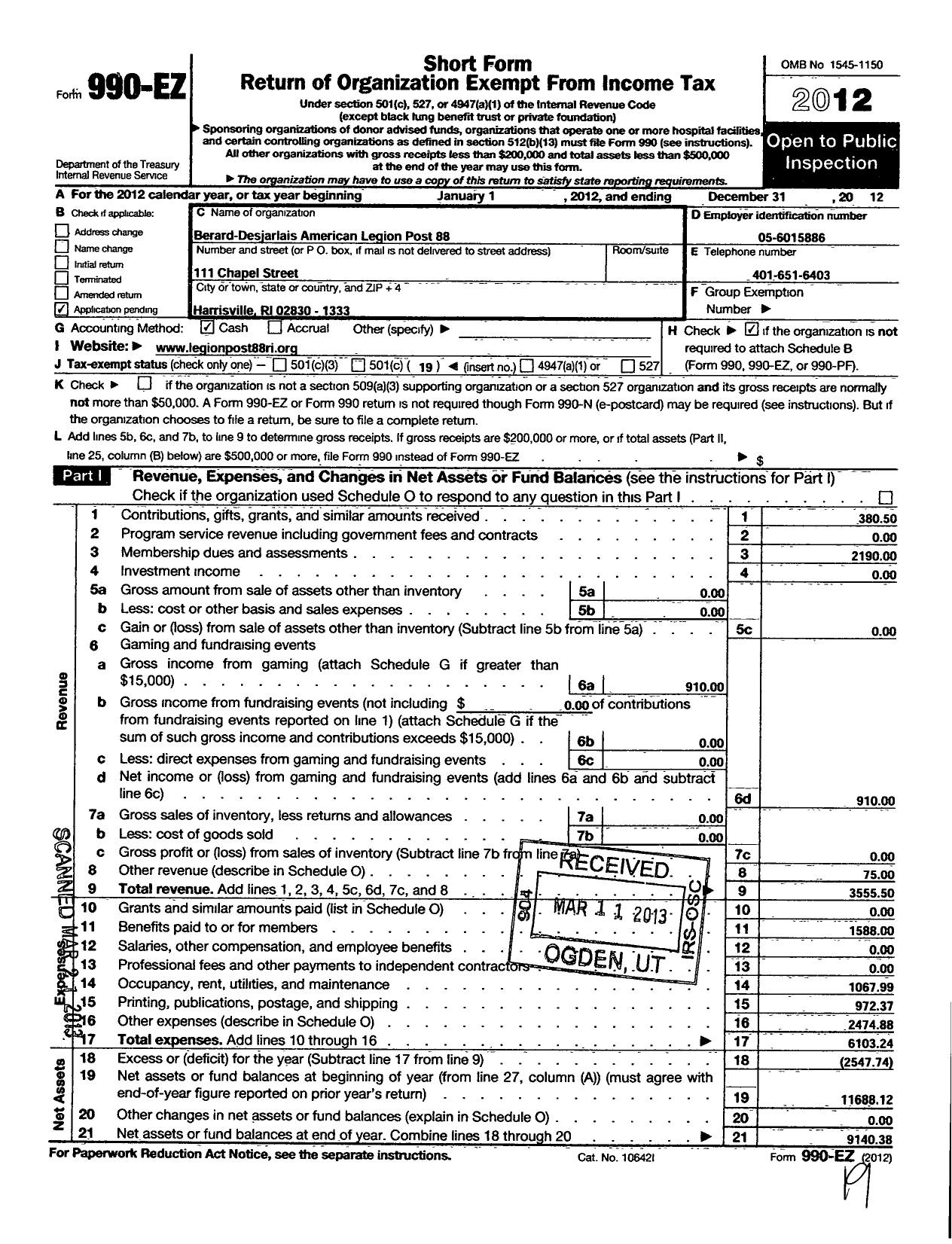 Image of first page of 2012 Form 990EO for Amercian Legion / 88 Berard Desjarlais