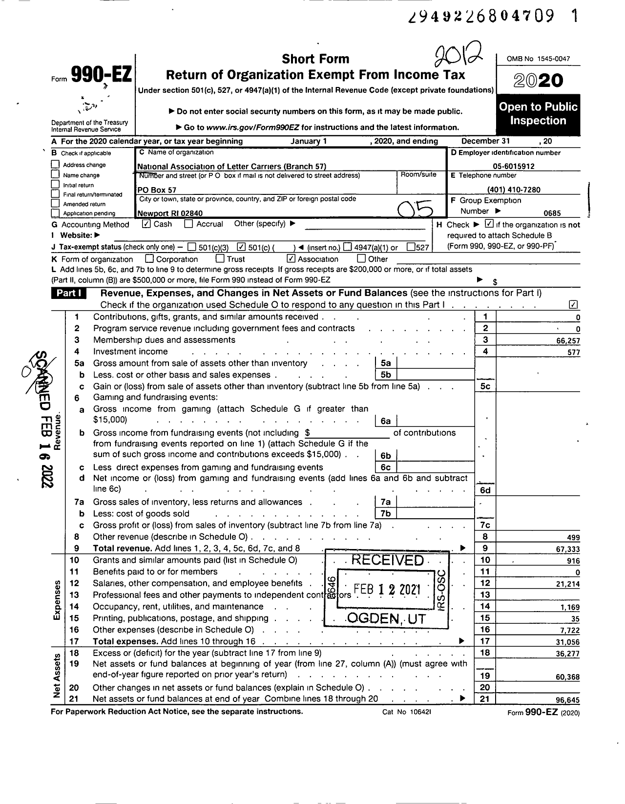 Image of first page of 2020 Form 990EO for National Association of Letter Carriers - 57 Newport Rhode Island