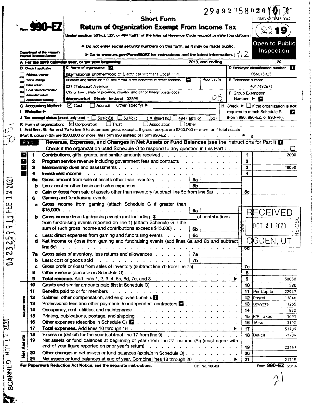 Image of first page of 2019 Form 990EO for International Brotherhood of Electrical Workers - 1196 Local Union