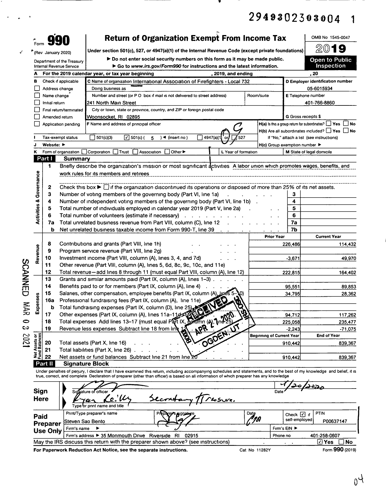 Image of first page of 2019 Form 990O for International Association of Fire Fighters - L0732 Woonsocket