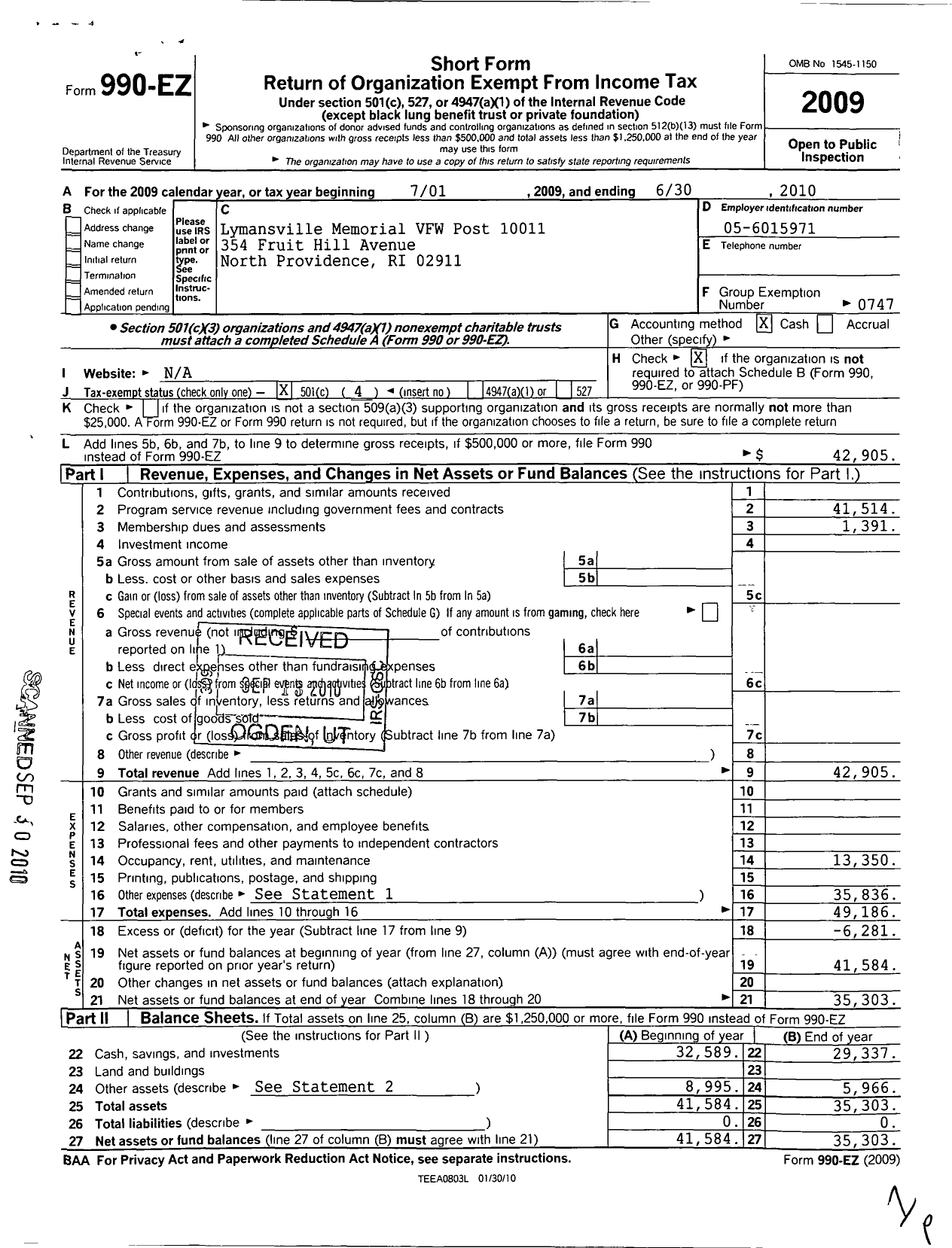 Image of first page of 2009 Form 990EO for Veterans of Foreign Wars Dept of Rhode Island - 10011 Vfw-Ri Lymansville Memorial