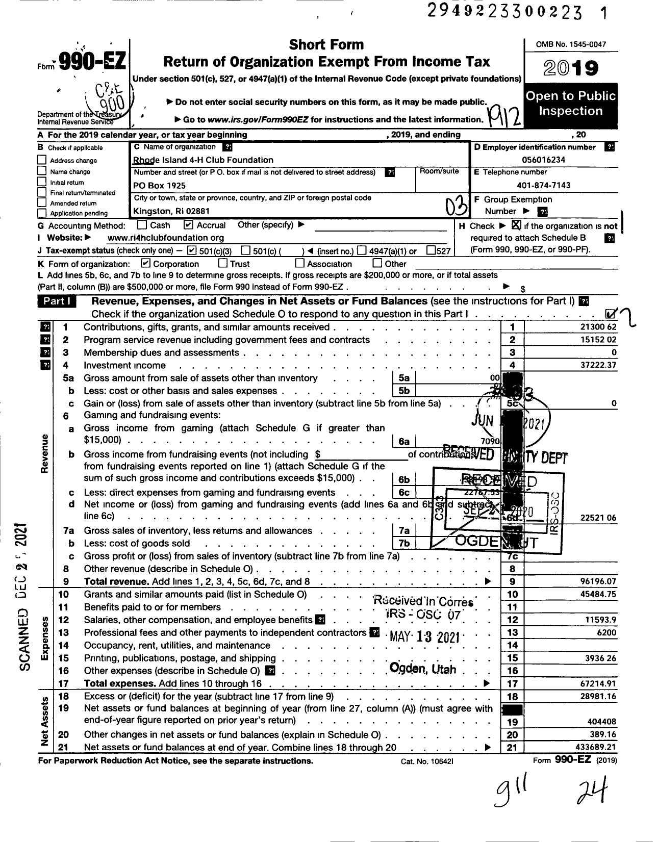 Image of first page of 2019 Form 990EZ for Rhode Island 4-H Club Foundation