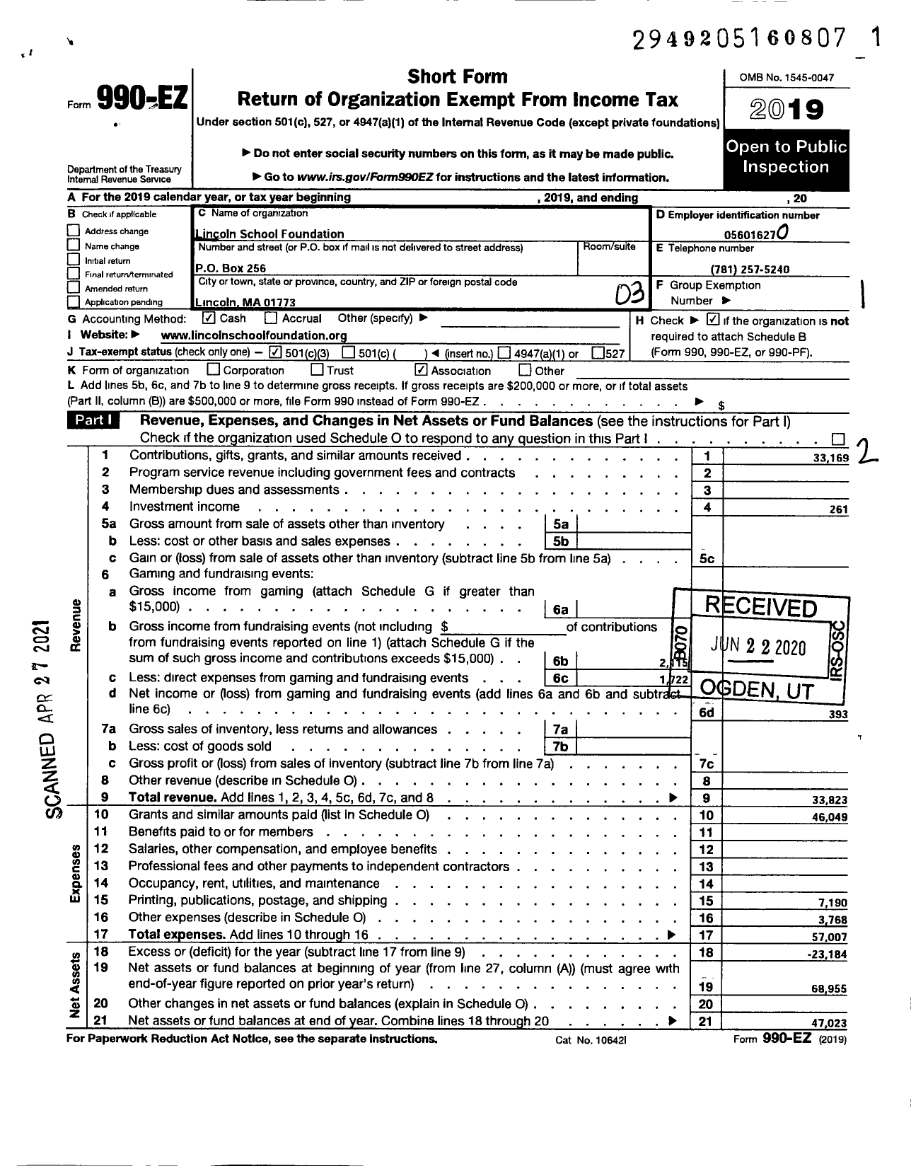 Image of first page of 2019 Form 990EZ for Lincoln School Foundation