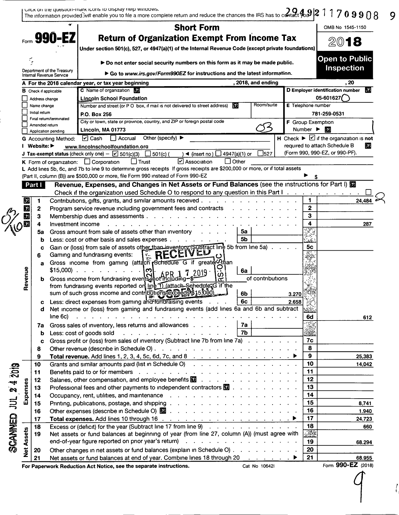 Image of first page of 2018 Form 990EZ for Lincoln School Foundation