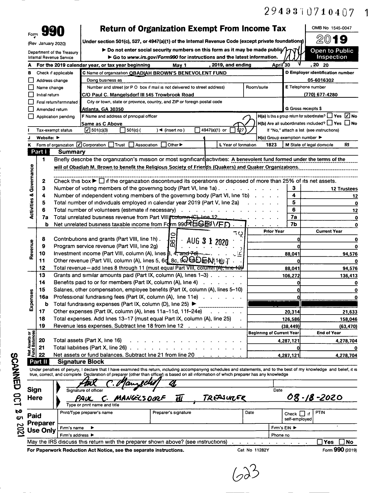 Image of first page of 2019 Form 990 for Obadiah Browns Benevolent Fund