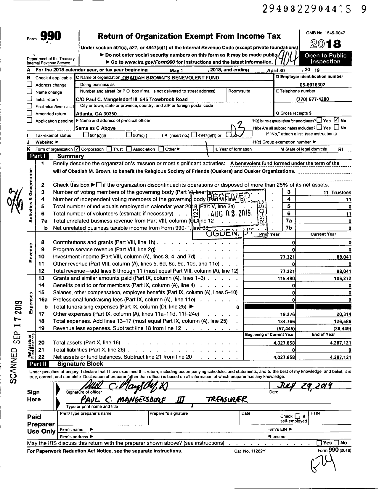 Image of first page of 2018 Form 990 for Obadiah Browns Benevolent Fund