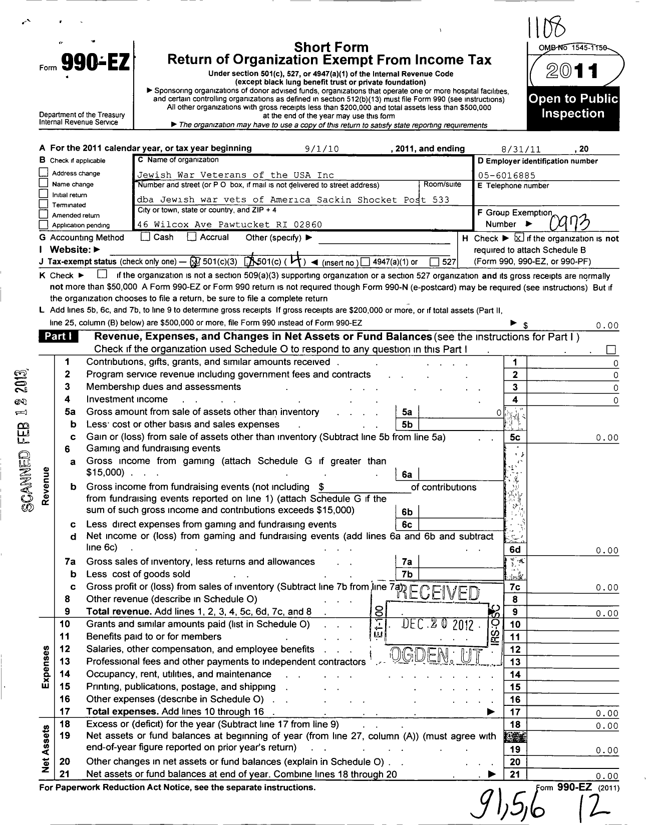 Image of first page of 2010 Form 990EO for Jewish War Veterans of the United States of America - 533 Sackin Shockett Post