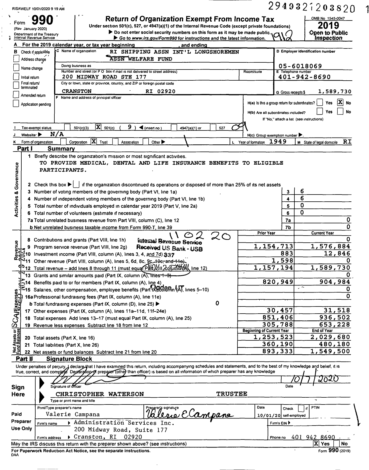 Image of first page of 2019 Form 990O for Rhode Island Shipping Association Welfare Fund