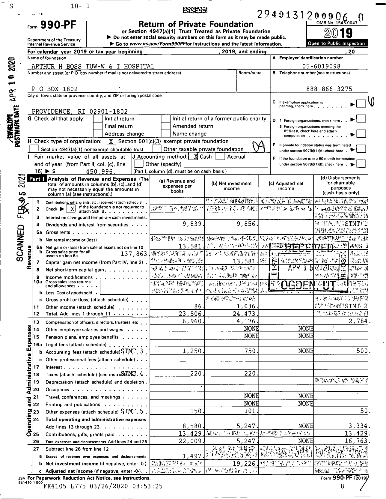 Image of first page of 2019 Form 990PF for Arthur H Boss Tuw-W and I Hospital